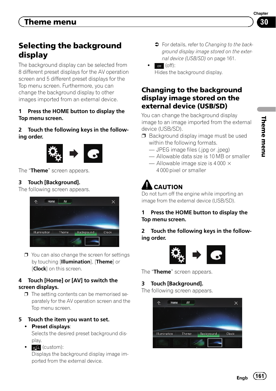 Theme menu selecting the background display, Changing to the background display, Image stored on the external device (usb/sd) | Selecting the background display, Theme menu | Pioneer AVIC-F860BT User Manual | Page 161 / 216