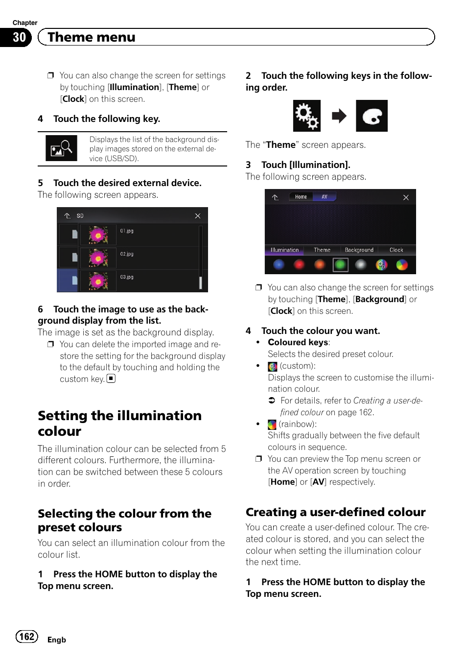 Setting the illumination colour, Selecting the colour from the preset, Colours | Creating a user-defined colour 162, 30 theme menu, Selecting the colour from the preset colours, Creating a user-defined colour | Pioneer AVIC-F860BT User Manual | Page 162 / 216