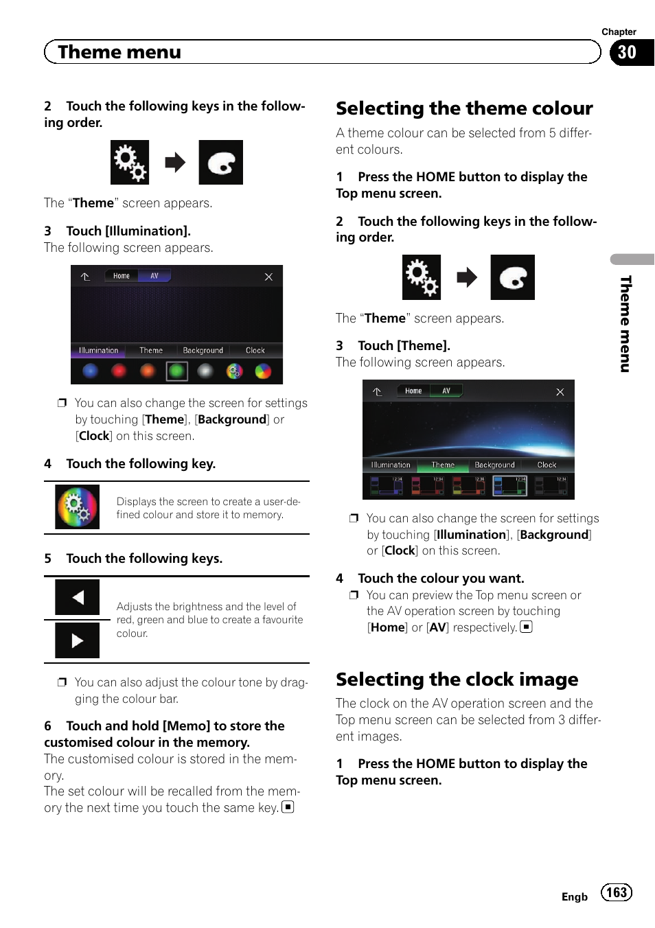 Selecting the theme colour, Selecting the clock image, Theme menu | Pioneer AVIC-F860BT User Manual | Page 163 / 216