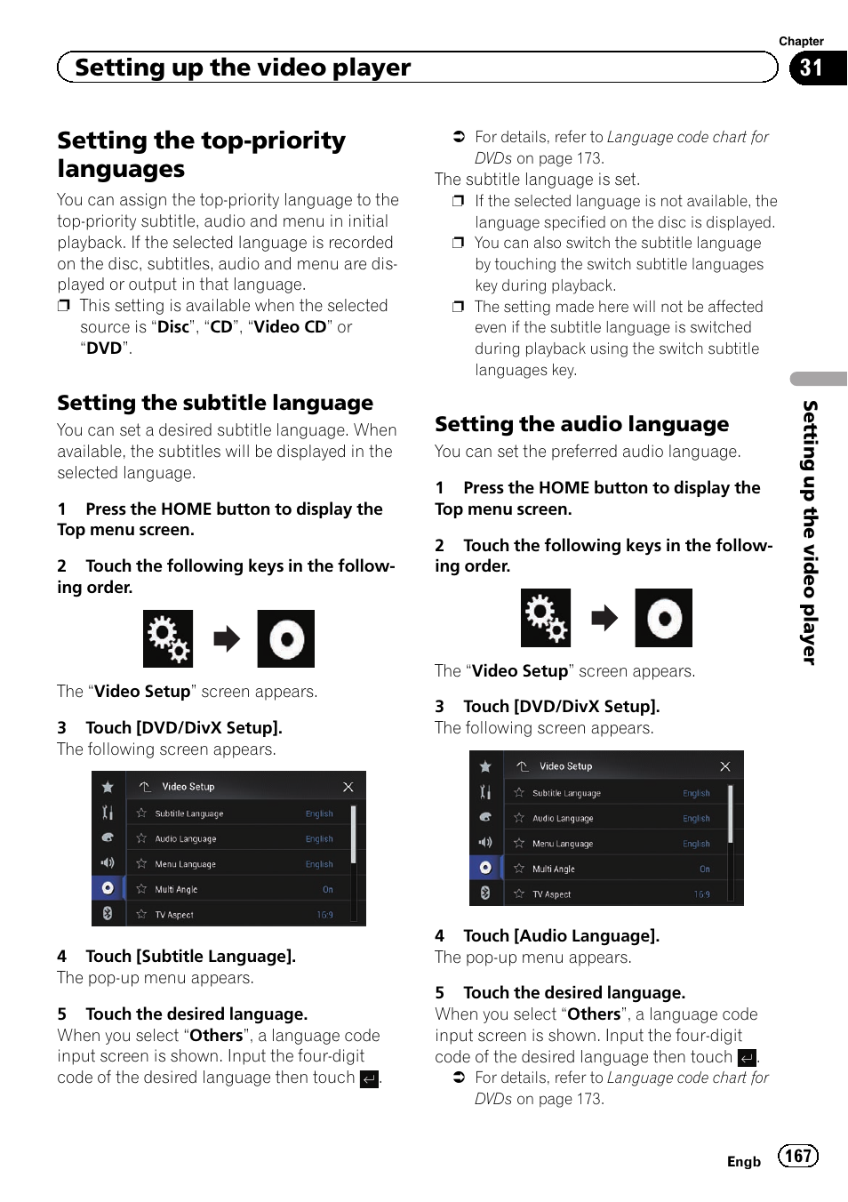 Setting the subtitle language 167, Setting the audio language 167, Setting the | Setting the top-priority languages, Setting up the video player, Setting the subtitle language, Setting the audio language | Pioneer AVIC-F860BT User Manual | Page 167 / 216