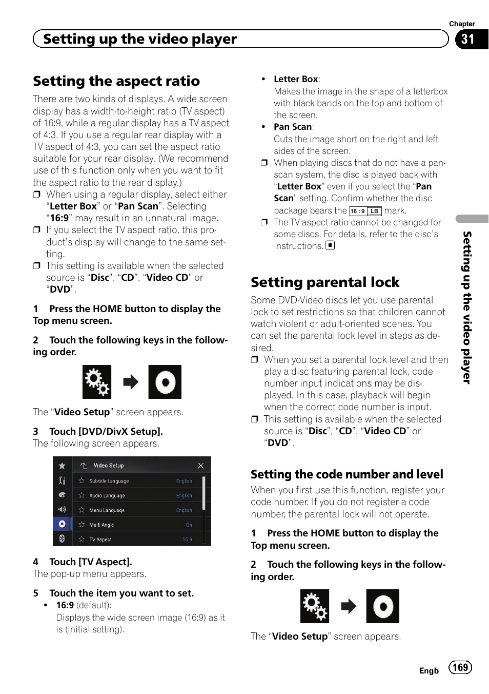 Setting the aspect ratio, Setting parental lock, Setting the code number and | Level, Setting up the video player, Setting the code number and level | Pioneer AVIC-F860BT User Manual | Page 169 / 216