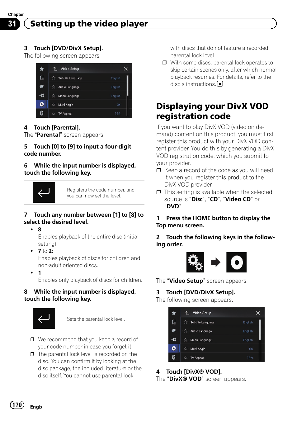 Displaying your divx vod registration, Code, Displaying your divx vod registration code | 31 setting up the video player | Pioneer AVIC-F860BT User Manual | Page 170 / 216