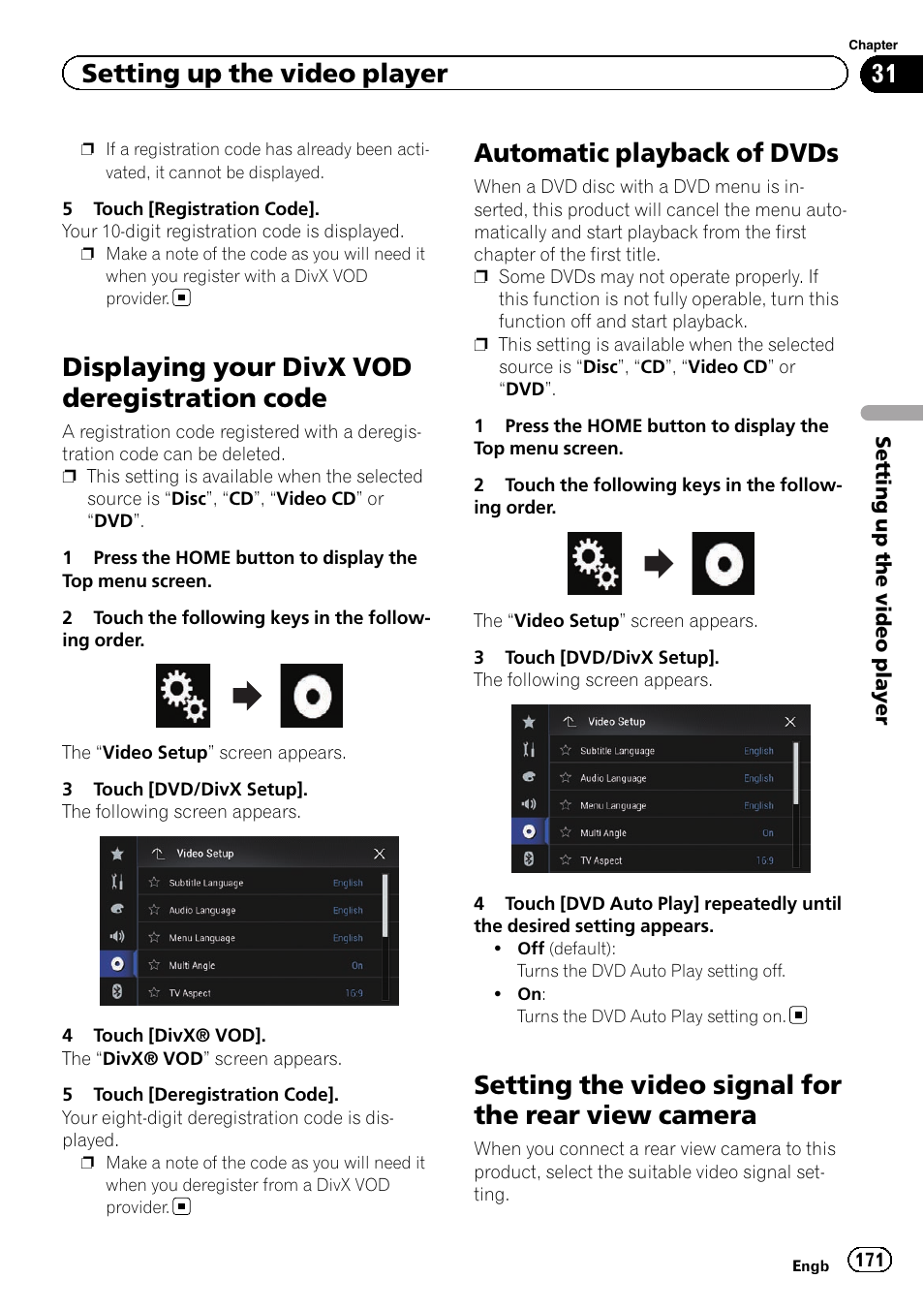Displaying your divx vod deregistration, Code, Automatic playback of dvds | Setting the video signal for the rear view, Camera, Displaying your divx vod deregistration code, Setting the video signal for the rear view camera, Setting up the video player | Pioneer AVIC-F860BT User Manual | Page 171 / 216