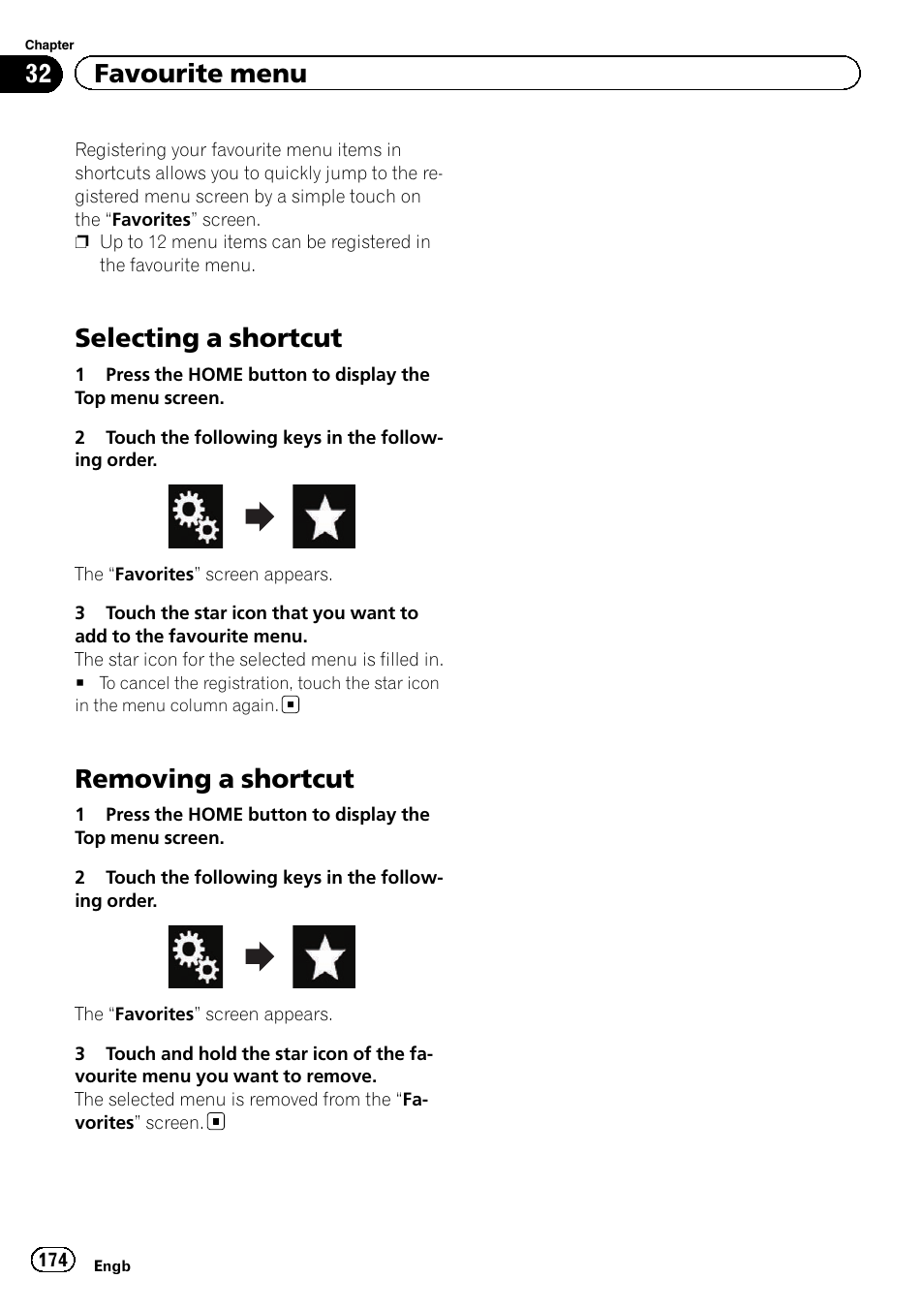 Favourite menu selecting a shortcut, Removing a shortcut, Selecting a shortcut | 32 favourite menu | Pioneer AVIC-F860BT User Manual | Page 174 / 216