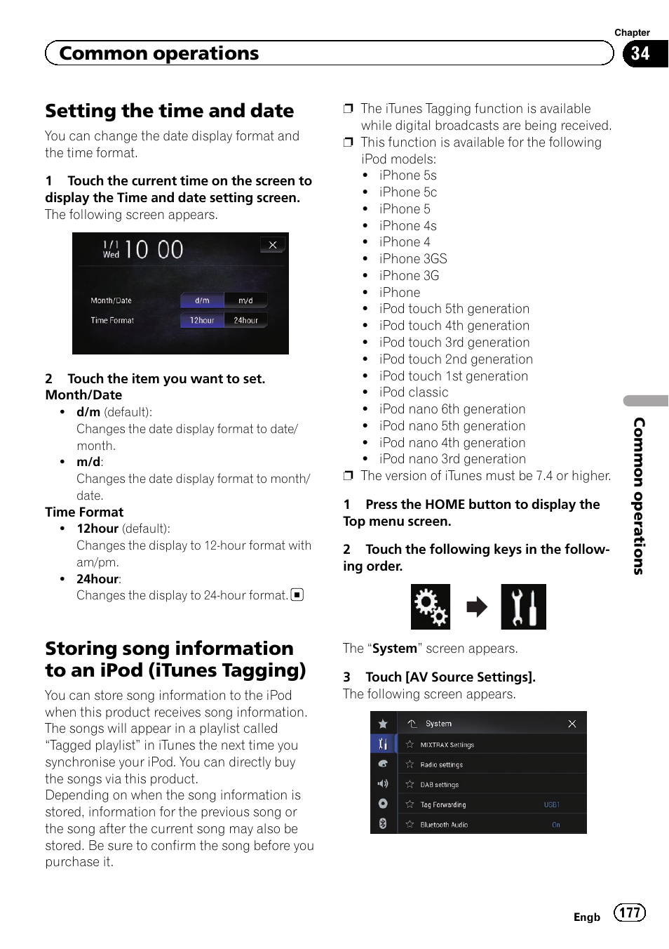 Common operations setting the time and date, Storing song information to an ipod (itunes, Tagging) | Setting the time and, Storing song informa, Setting the time and date, Common operations | Pioneer AVIC-F860BT User Manual | Page 177 / 216