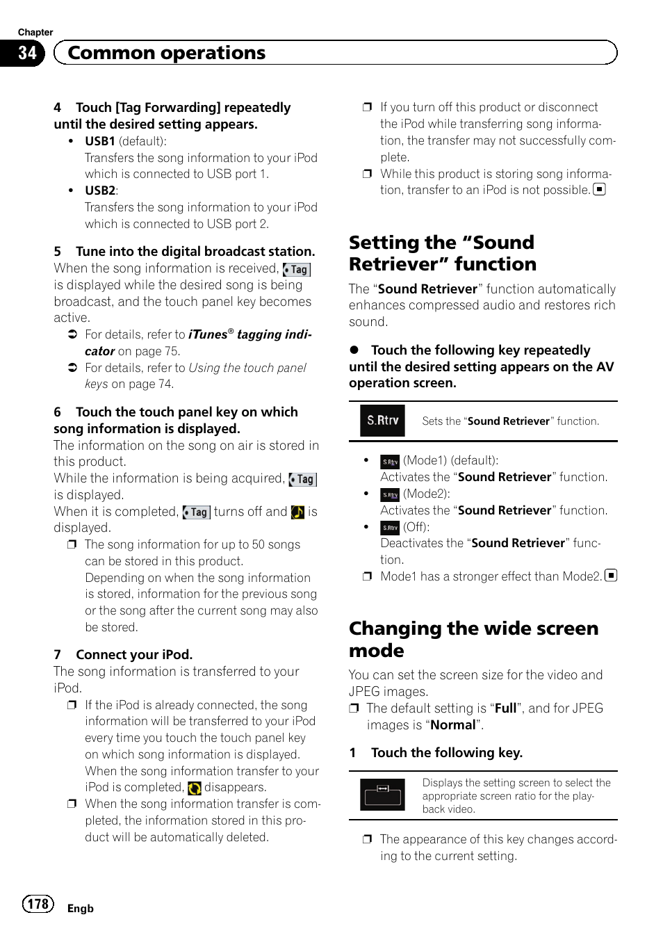 Setting the, Sound retriever” function 178, Changing the wide screen mode | Setting the “sound, Retriever, Changing the wide, Setting the “sound retriever ” function, 34 common operations | Pioneer AVIC-F860BT User Manual | Page 178 / 216