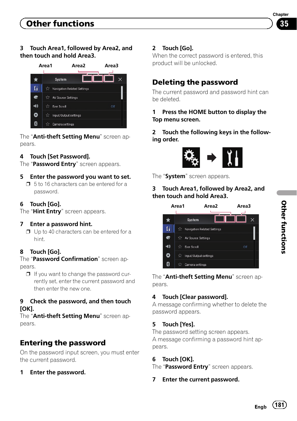 Entering the password 181, Deleting the password 181, Other functions | Entering the password, Deleting the password | Pioneer AVIC-F860BT User Manual | Page 181 / 216