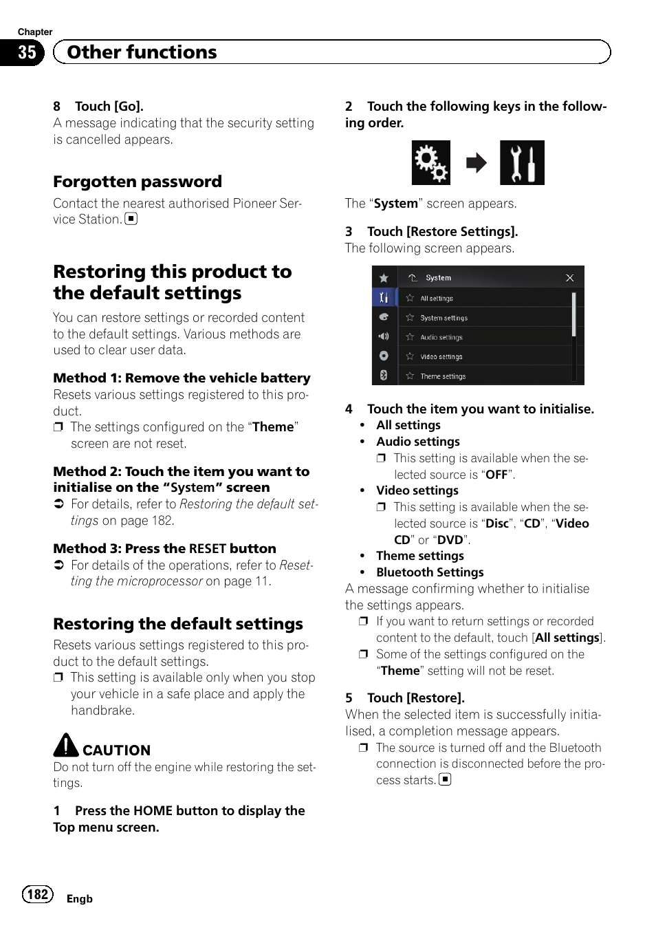 Forgotten password 182, Restoring this product to the default, Settings | Restoring the default settings 182, Restoring this product to the default settings, 35 other functions, Forgotten password, Restoring the default settings | Pioneer AVIC-F860BT User Manual | Page 182 / 216