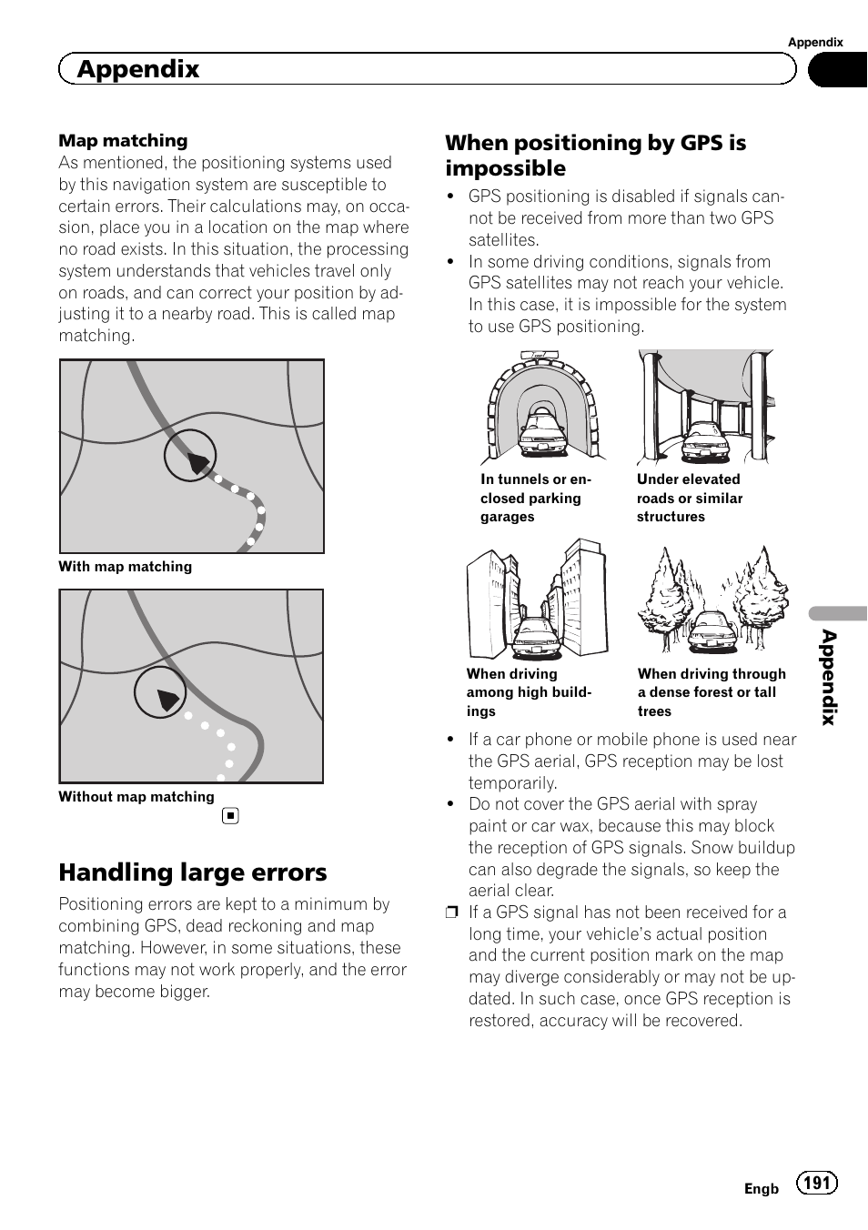 Handling large errors, When positioning by gps is, Impossible | Appendix, When positioning by gps is impossible | Pioneer AVIC-F860BT User Manual | Page 191 / 216