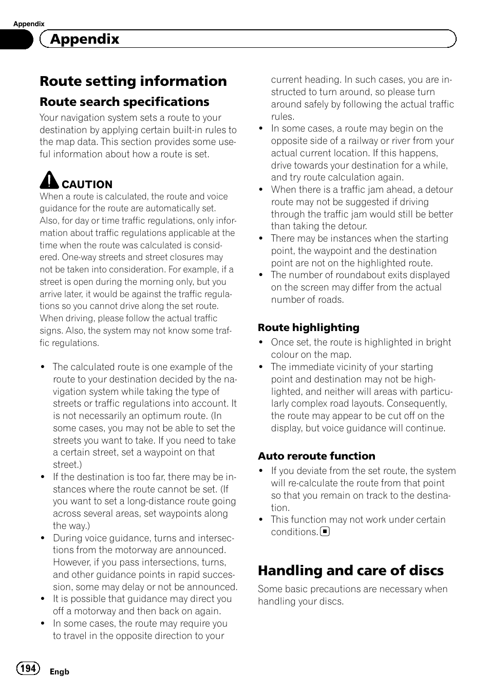 Route setting information, Route search specifications 194, Handling and care of discs | Appendix, Route search specifications | Pioneer AVIC-F860BT User Manual | Page 194 / 216