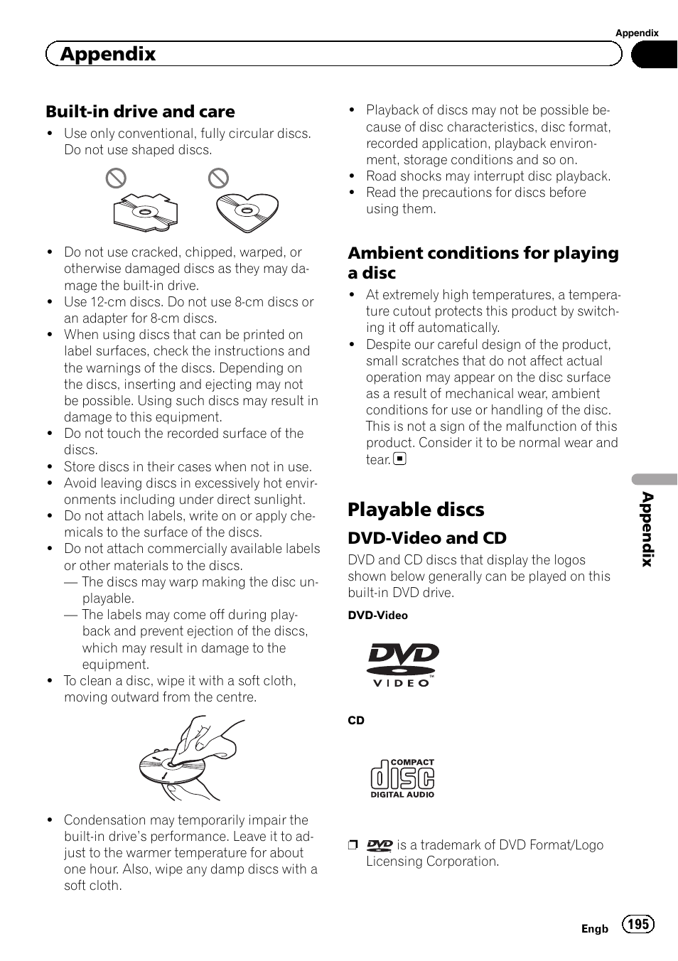 Built-in drive and care 195, Ambient conditions for playing a, Disc | Playable discs, Dvd-video and cd 195, Appendix, Built-in drive and care, Ambient conditions for playing a disc, Dvd-video and cd | Pioneer AVIC-F860BT User Manual | Page 195 / 216