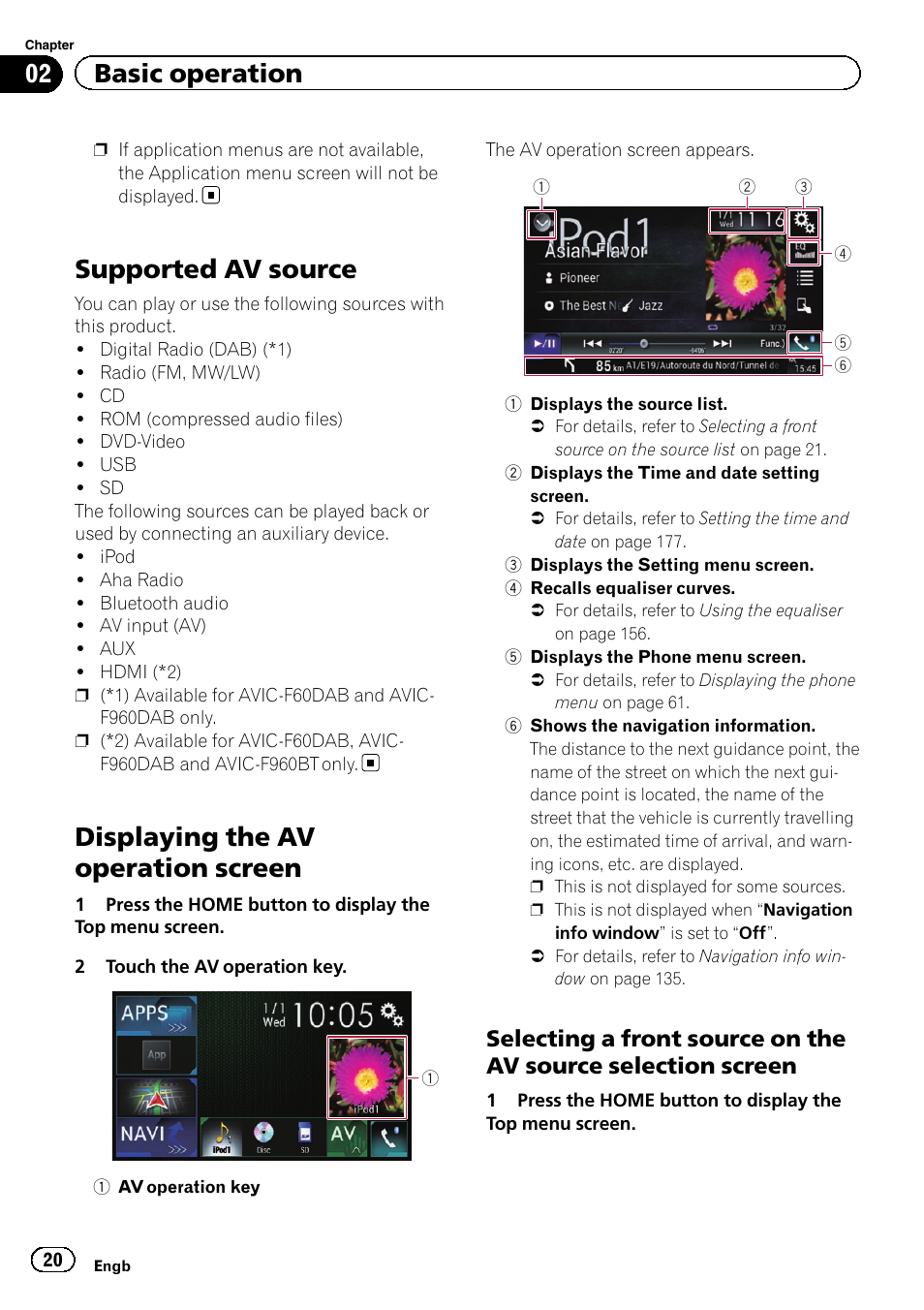 Supported av source, Displaying the av operation screen, Selecting a front source on the av | Source selection screen, 02 basic operation | Pioneer AVIC-F860BT User Manual | Page 20 / 216