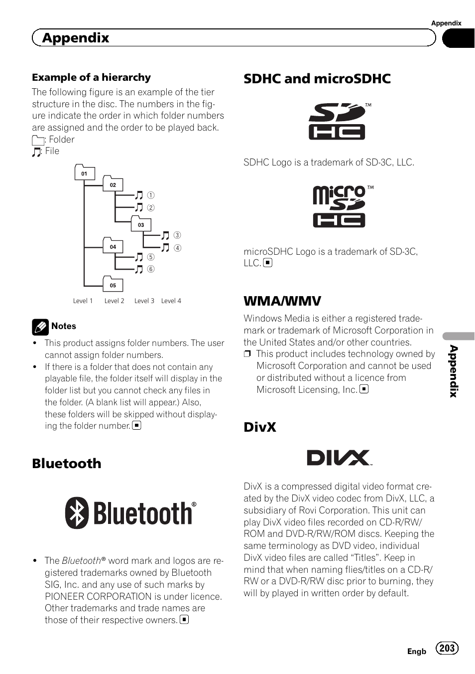 Bluetooth, Sdhc and microsdhc, Wma/wmv | Divx, Appendix | Pioneer AVIC-F860BT User Manual | Page 203 / 216