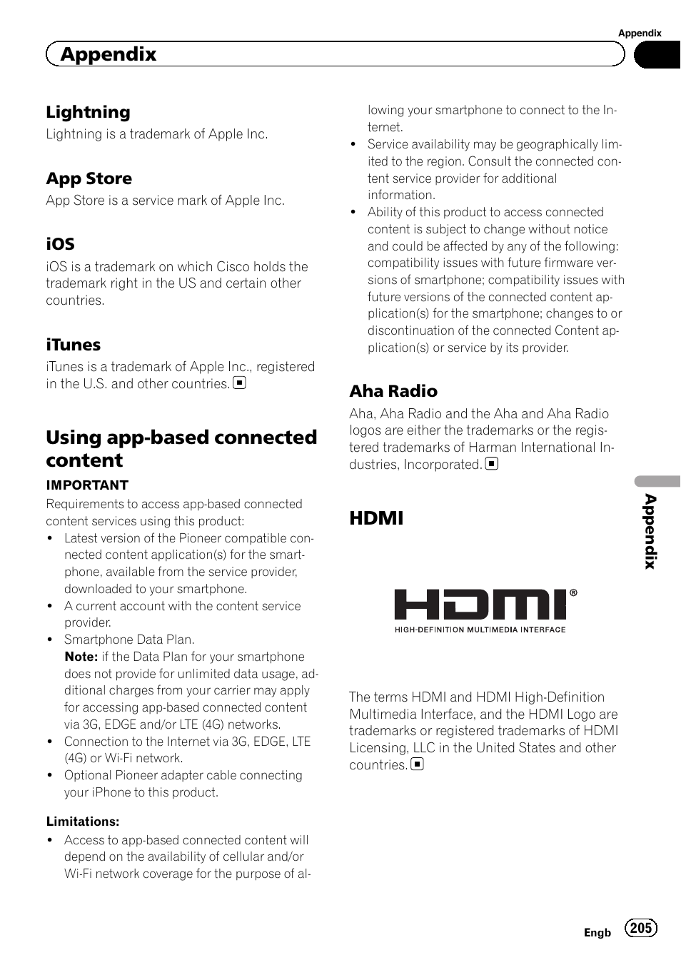 Lightning 205, App store 205, Ios 205 | Itunes 205, Using app-based connected content, Aha radio 205, Hdmi, Using app-based connected, Content, Using app-based con | Pioneer AVIC-F860BT User Manual | Page 205 / 216