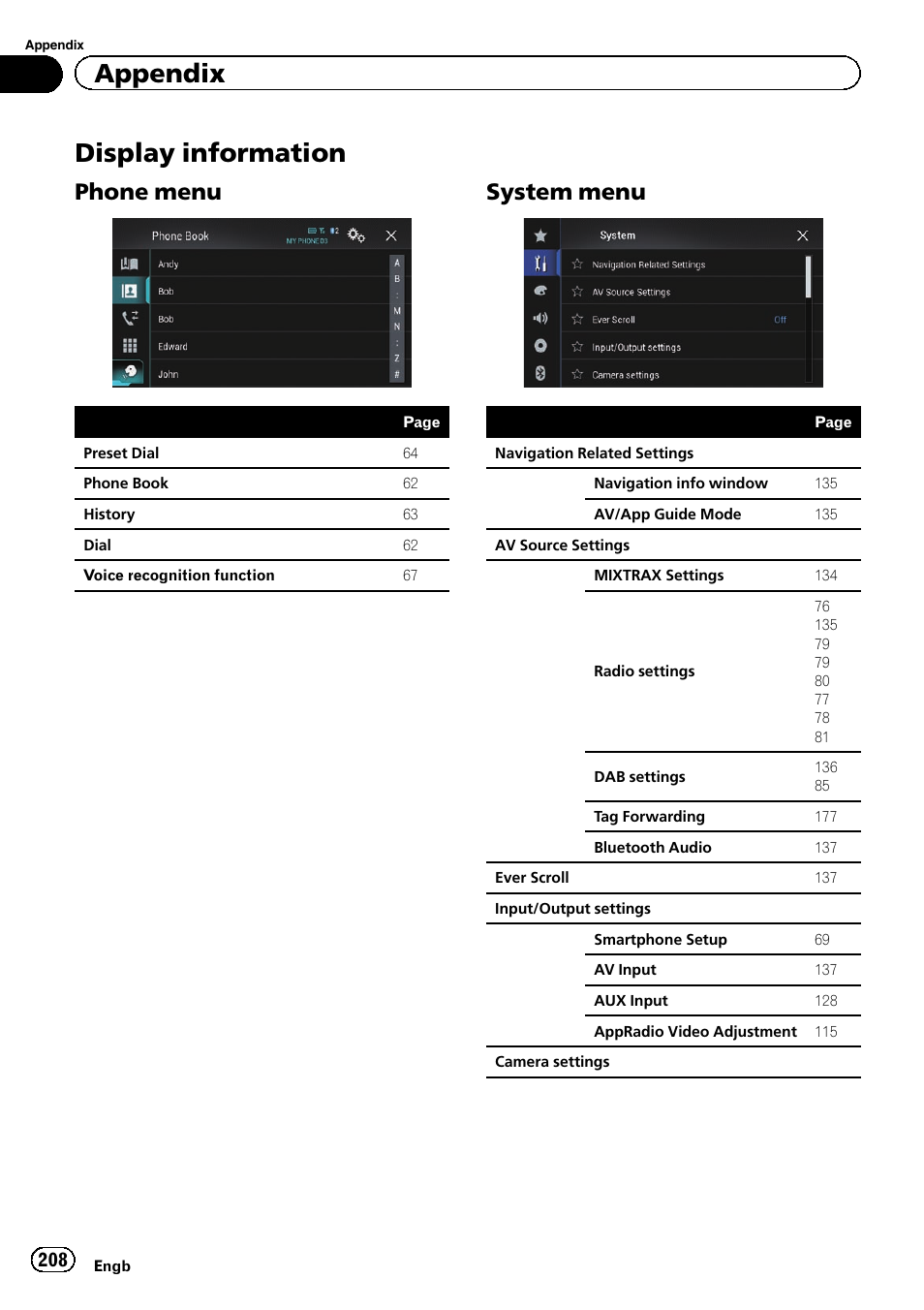 Display information, Phone menu 208, System menu 208 | Appendix, Phone menu, System menu | Pioneer AVIC-F860BT User Manual | Page 208 / 216