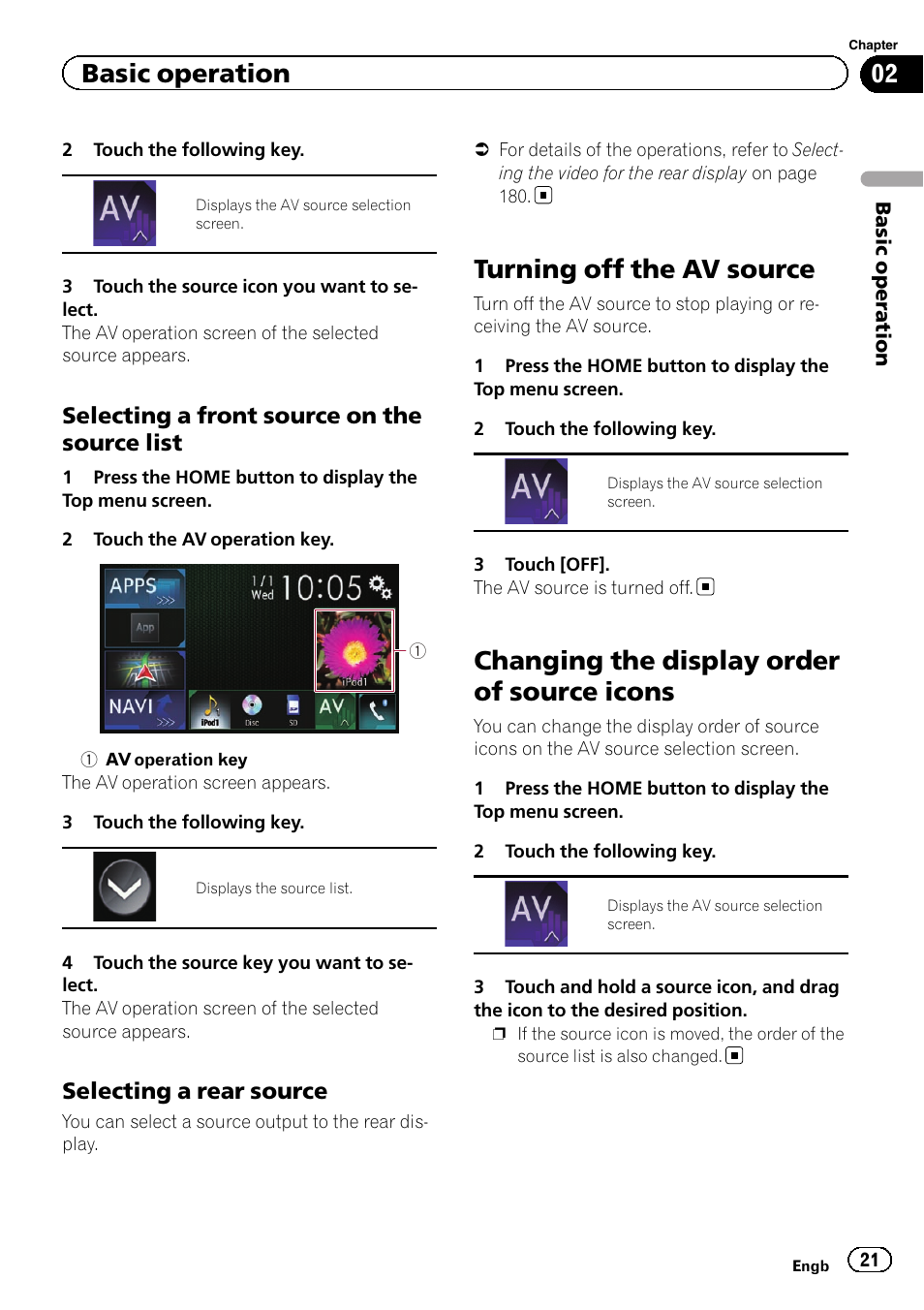 Selecting a front source on the source, List, Selecting a rear source 21 | Turning off the av source, Changing the display order of source, Icons, Selecting a front, Changing the display order of source icons, Basic operation, Selecting a front source on the source list | Pioneer AVIC-F860BT User Manual | Page 21 / 216