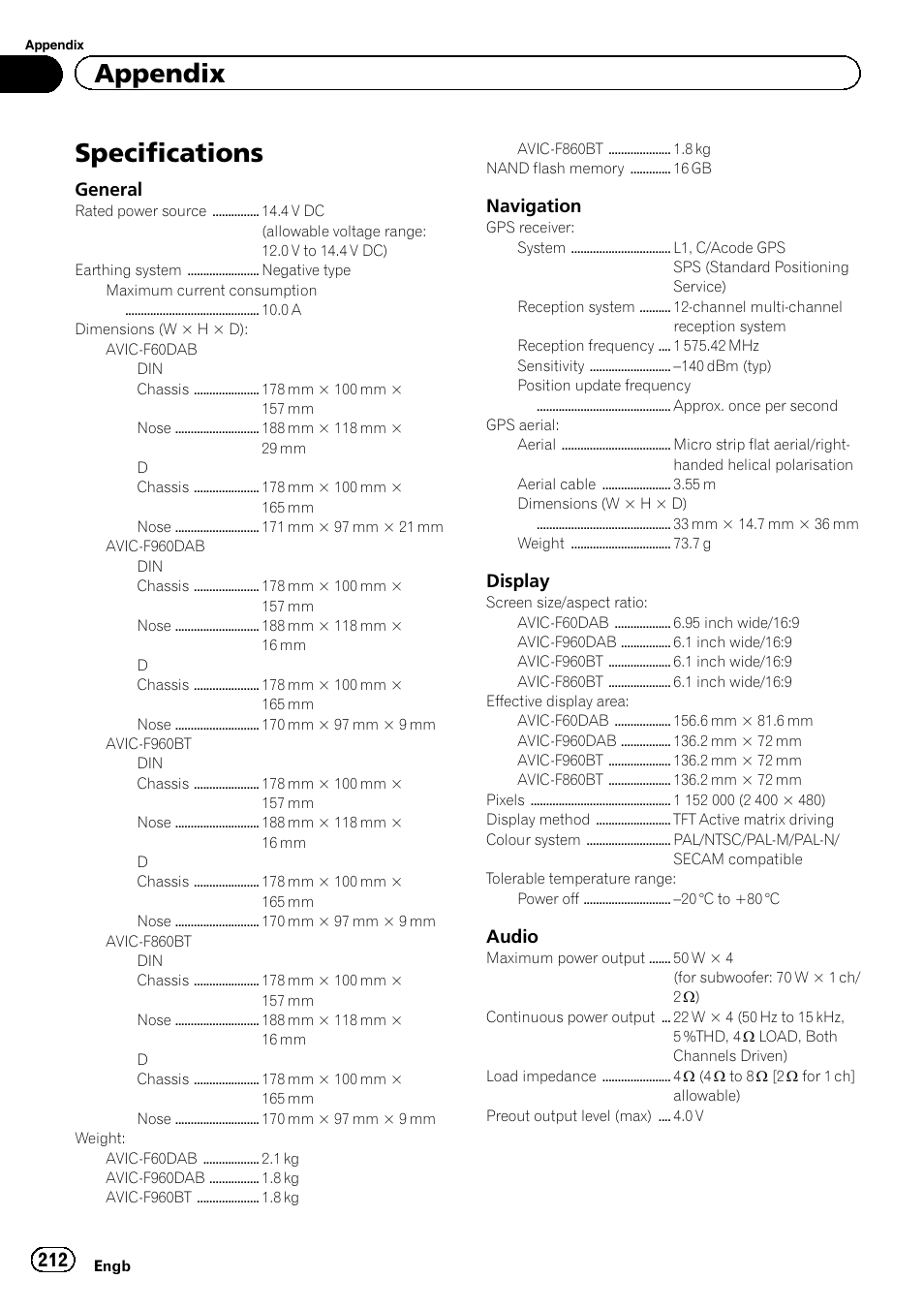 Specifications, Appendix, General | Navigation, Display, Audio | Pioneer AVIC-F860BT User Manual | Page 212 / 216