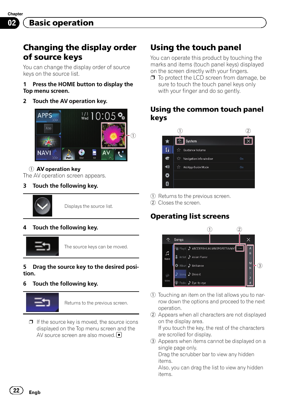 Changing the display order of source, Keys, Using the touch panel | Using the common touch panel, Operating list screens 22, Changing the display order of source keys, 02 basic operation, Using the common touch panel keys, Operating list screens | Pioneer AVIC-F860BT User Manual | Page 22 / 216