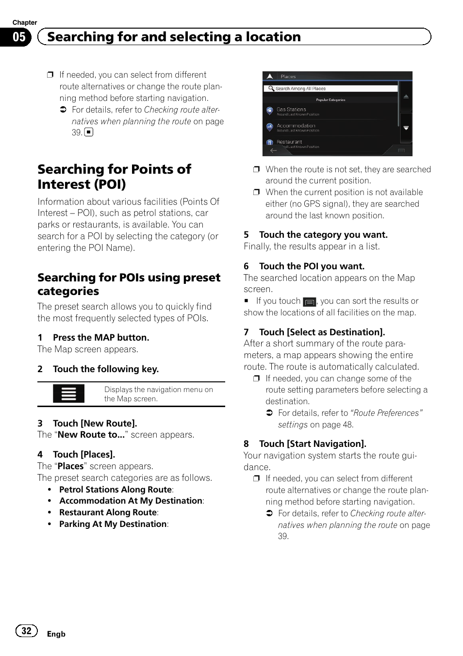 Searching for points of interest (poi), Searching for pois using preset, Categories | 05 searching for and selecting a location, Searching for pois using preset categories | Pioneer AVIC-F860BT User Manual | Page 32 / 216