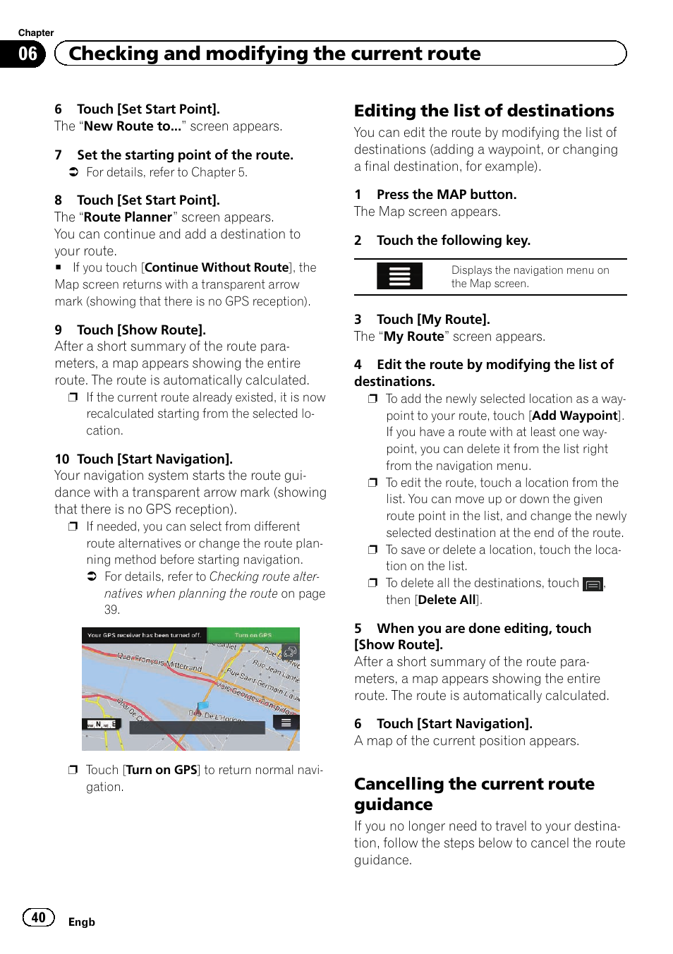 Editing the list of destinations 40, Cancelling the current route, Guidance | 06 checking and modifying the current route, Editing the list of destinations, Cancelling the current route guidance | Pioneer AVIC-F860BT User Manual | Page 40 / 216