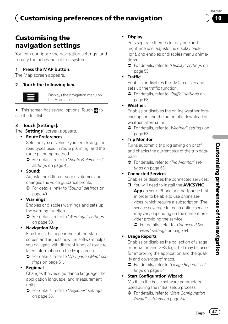 Customising the na, Chapter 10, Customising the navigation settings | Customising preferences of the navigation | Pioneer AVIC-F860BT User Manual | Page 47 / 216