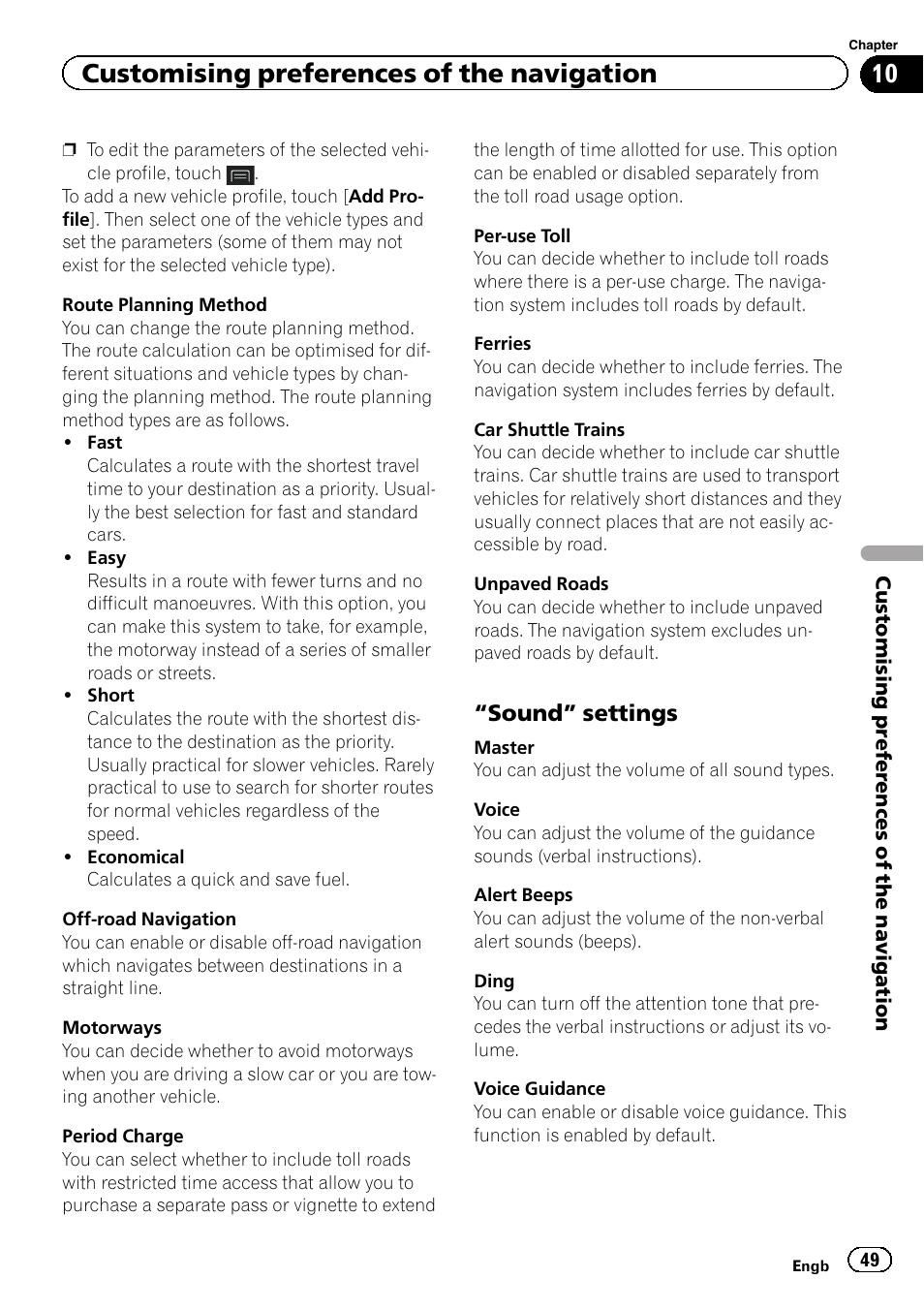 Sound” settings 49, Sound” settings on, Customising preferences of the navigation | Sound” settings | Pioneer AVIC-F860BT User Manual | Page 49 / 216