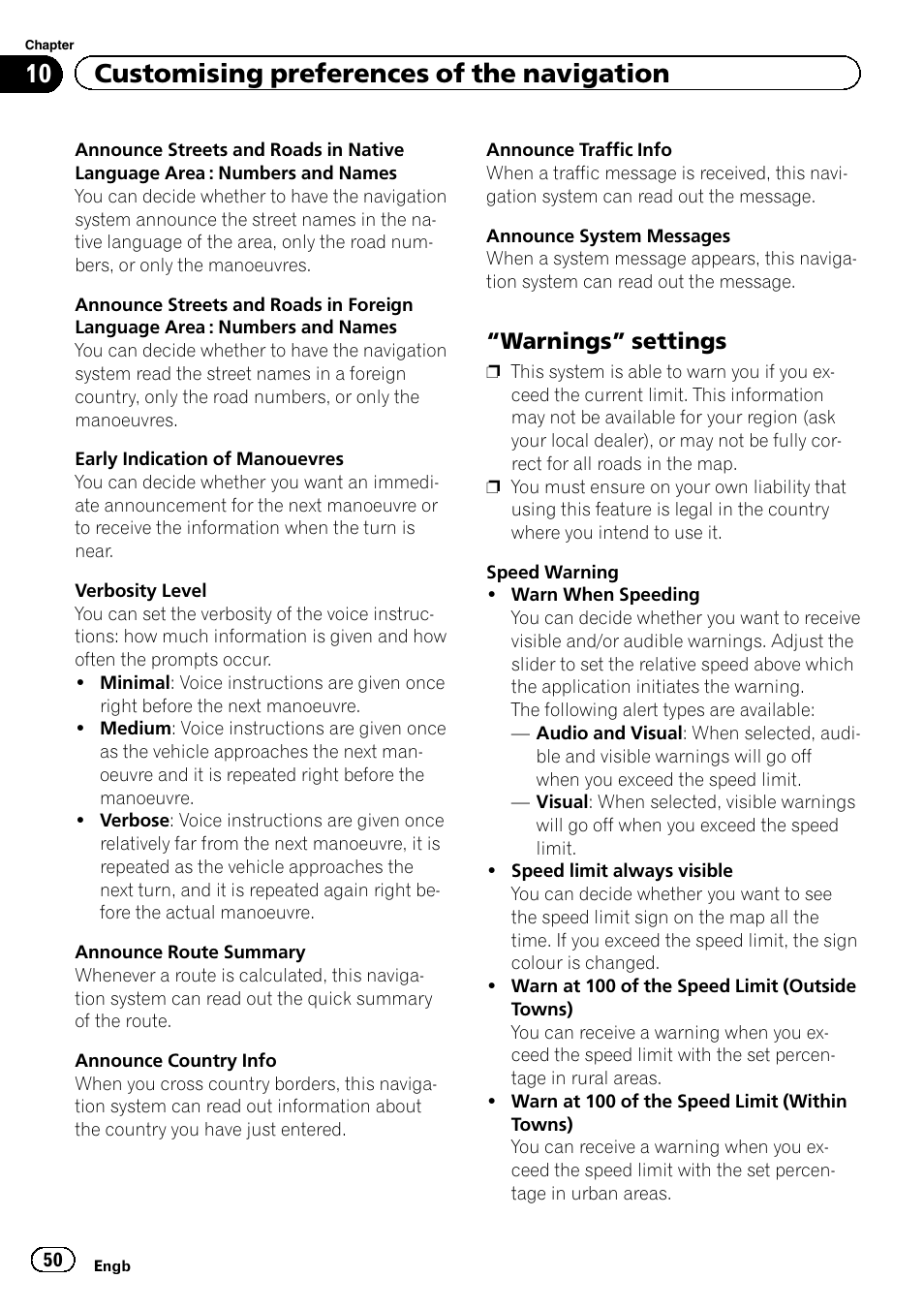 Warnings” settings 50, Warnings” settings on, Warnings” settings | 10 customising preferences of the navigation | Pioneer AVIC-F860BT User Manual | Page 50 / 216