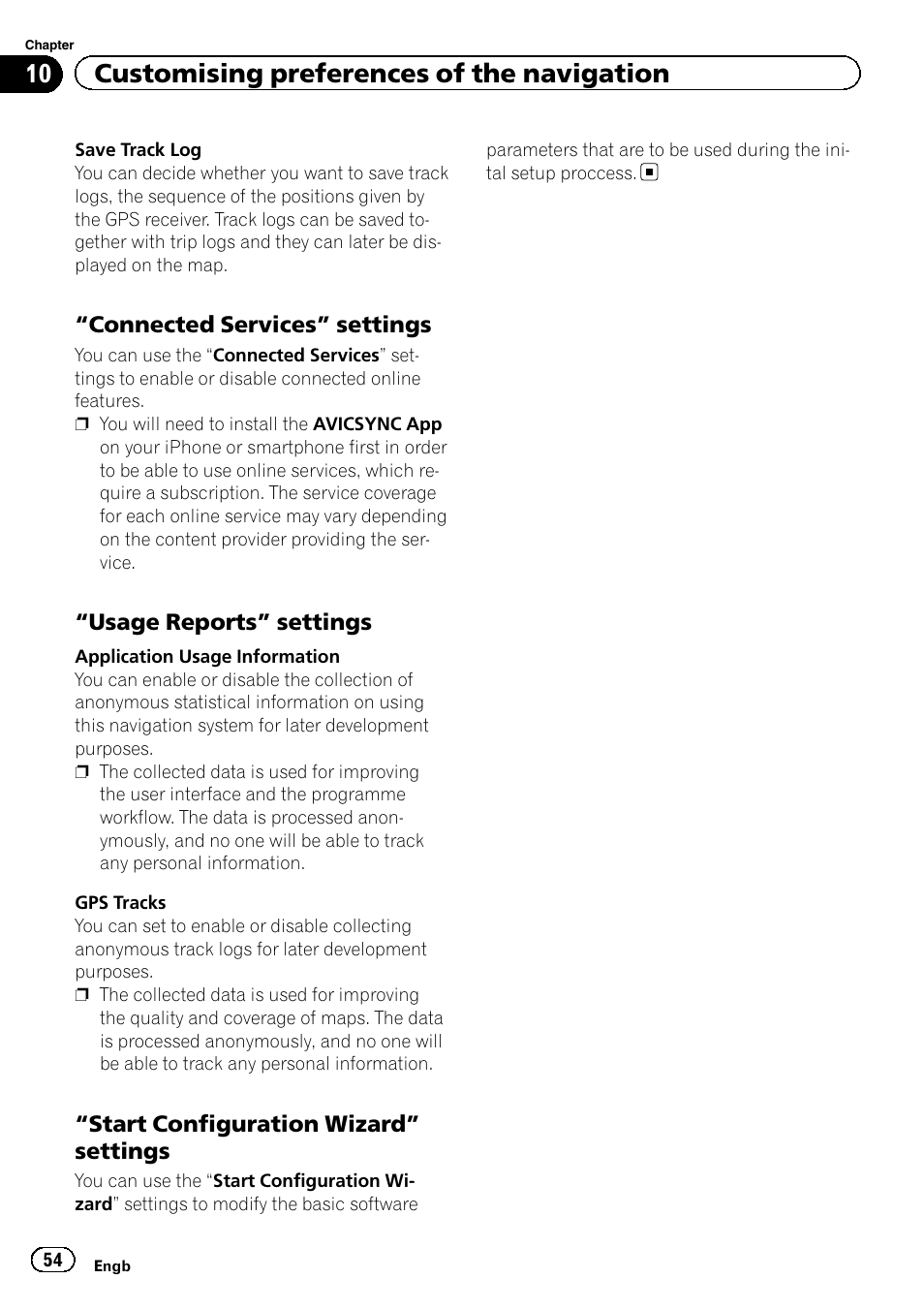 Connected services” settings 54, Usage reports” settings 54, Start configuration wizard | Settings, Connected services, Connected ser, Vices, Usage reports” set, Start configuration, Wizard | Pioneer AVIC-F860BT User Manual | Page 54 / 216