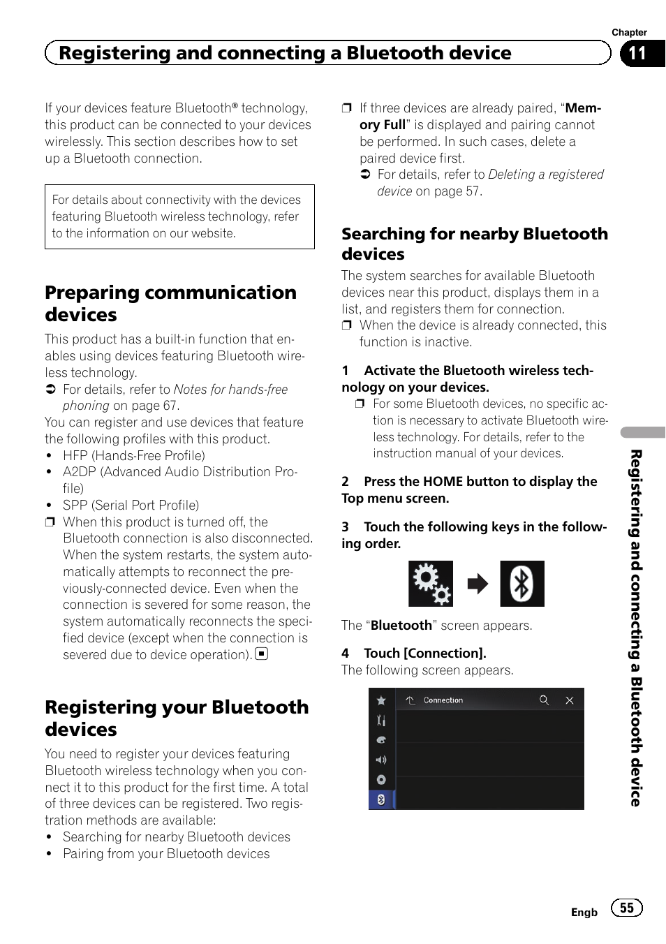 Registering your bluetooth devices, Searching for nearby bluetooth, Devices | Preparing communication devices, Registering and connecting a bluetooth device, Searching for nearby bluetooth devices | Pioneer AVIC-F860BT User Manual | Page 55 / 216