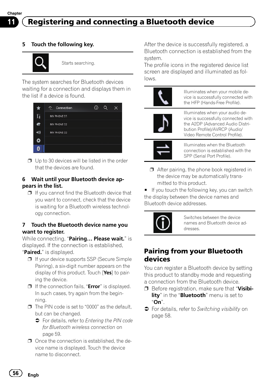 Pairing from your bluetooth, Devices, 11 registering and connecting a bluetooth device | Pairing from your bluetooth devices | Pioneer AVIC-F860BT User Manual | Page 56 / 216