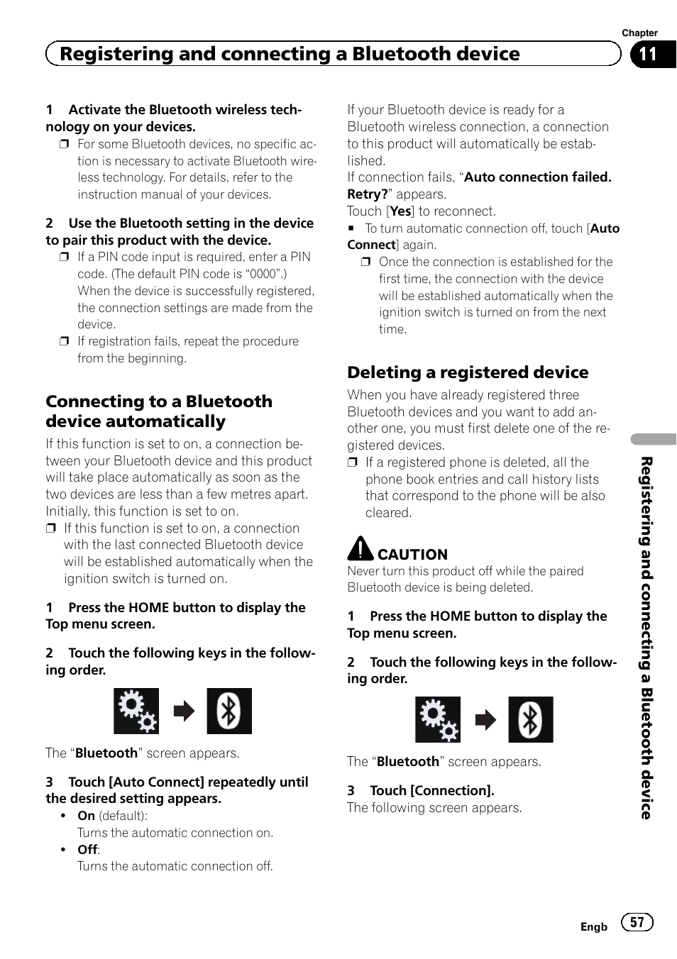 Connecting to a bluetooth device, Automatically, Deleting a registered device 57 | Deleting a registered, Registering and connecting a bluetooth device, Connecting to a bluetooth device automatically, Deleting a registered device | Pioneer AVIC-F860BT User Manual | Page 57 / 216