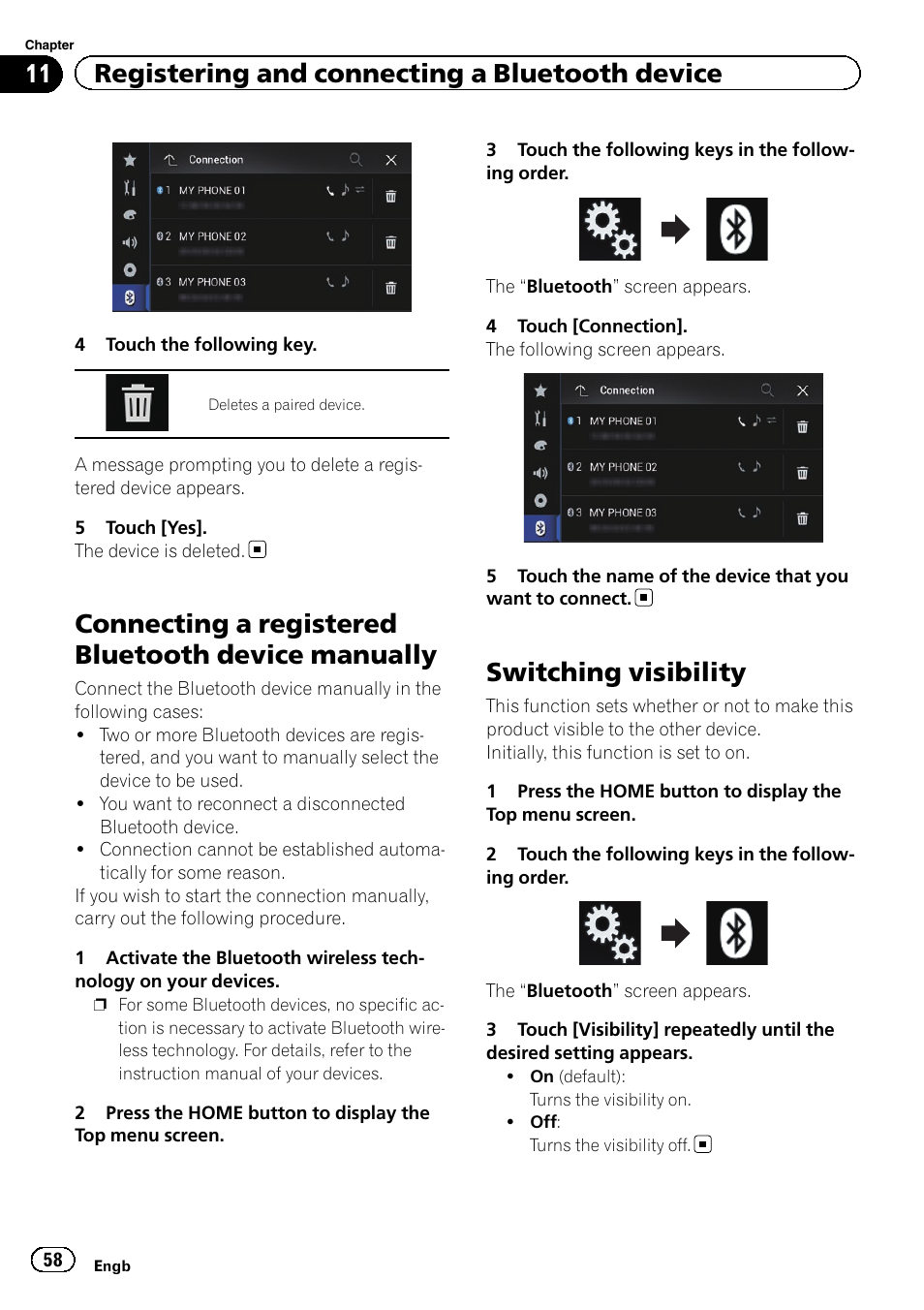 Connecting a registered bluetooth device, Manually, Switching visibility | Switching visibility on, Connecting a registered bluetooth device manually, 11 registering and connecting a bluetooth device | Pioneer AVIC-F860BT User Manual | Page 58 / 216