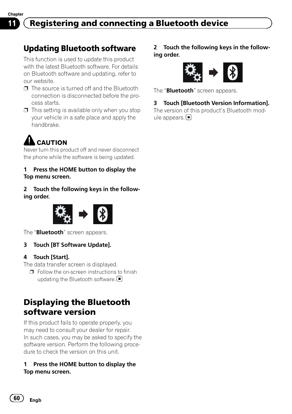 Updating bluetooth software, Displaying the bluetooth software, Version | Displaying the bluetooth software version, 11 registering and connecting a bluetooth device | Pioneer AVIC-F860BT User Manual | Page 60 / 216