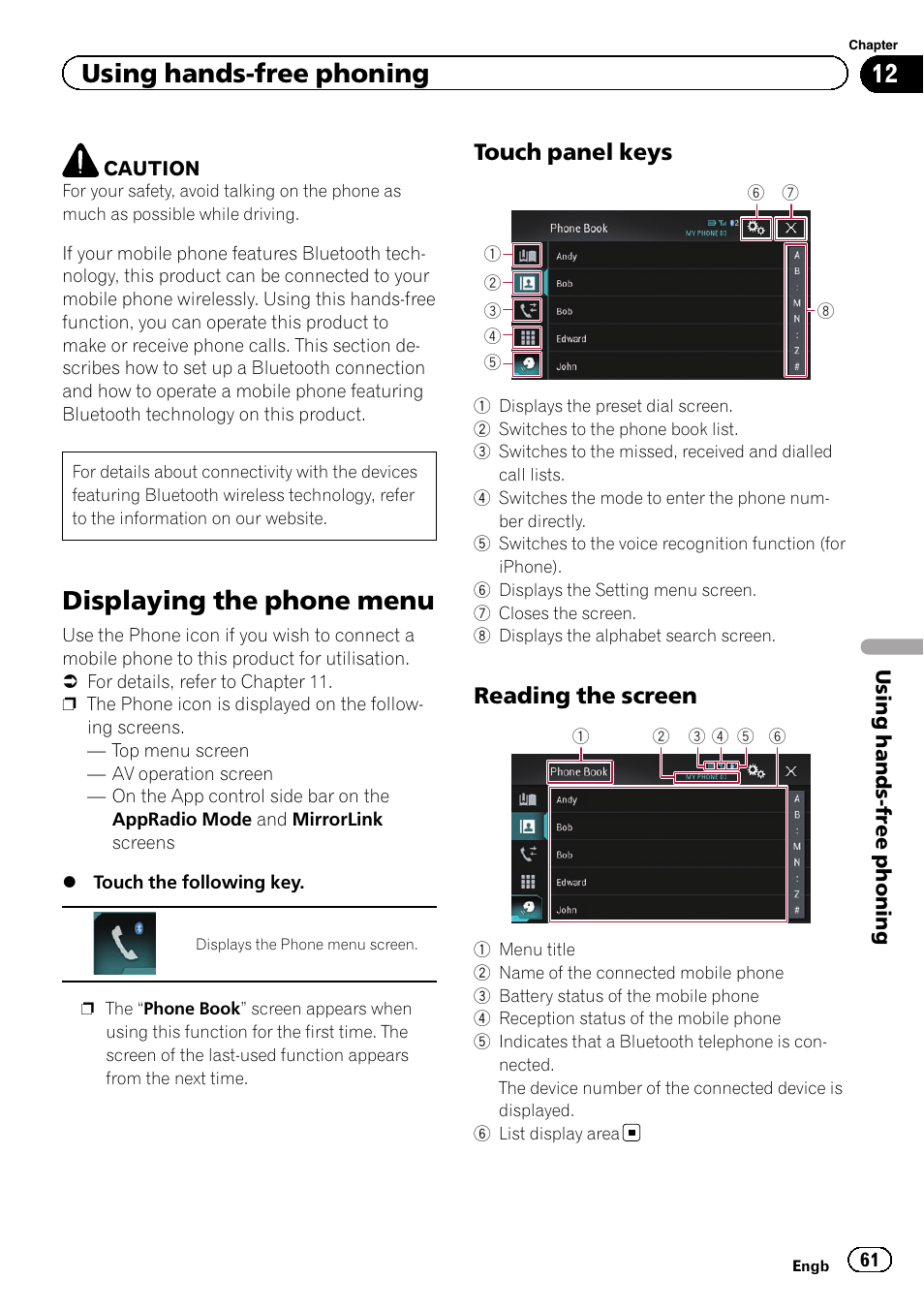 Using hands-free phoning displaying the phone menu, Touch panel keys 61, Reading the screen 61 | Displaying the phone, Displaying the phone menu, Using hands-free phoning, Touch panel keys, Reading the screen | Pioneer AVIC-F860BT User Manual | Page 61 / 216