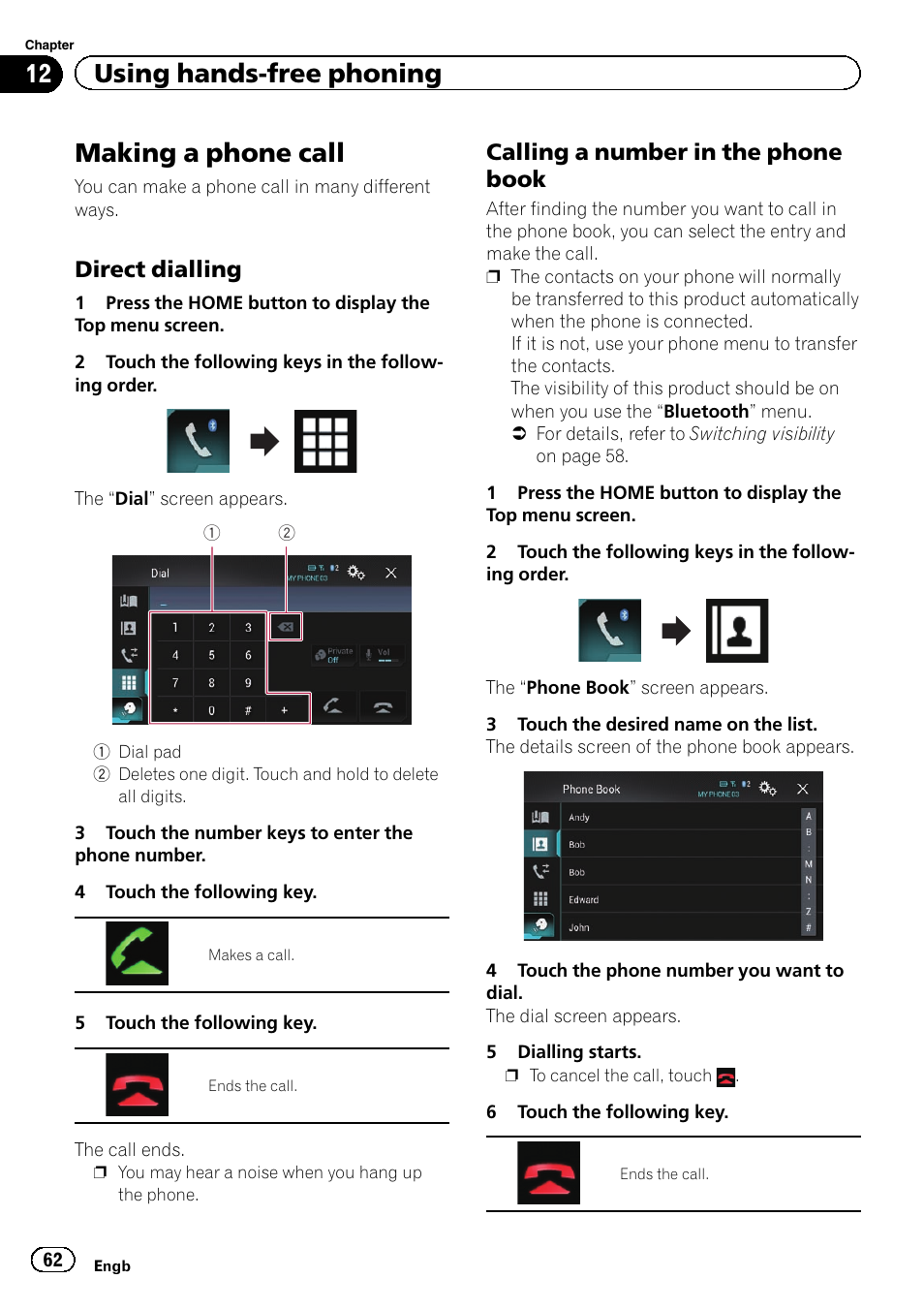 Making a phone call, Direct dialling 62, Calling a number in the phone | Book, 12 using hands-free phoning, Direct dialling, Calling a number in the phone book | Pioneer AVIC-F860BT User Manual | Page 62 / 216