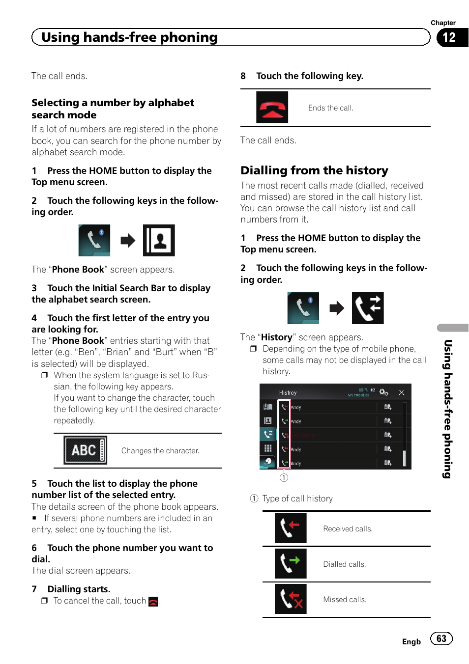 Dialling from the history 63, Using hands-free phoning, Dialling from the history | Pioneer AVIC-F860BT User Manual | Page 63 / 216