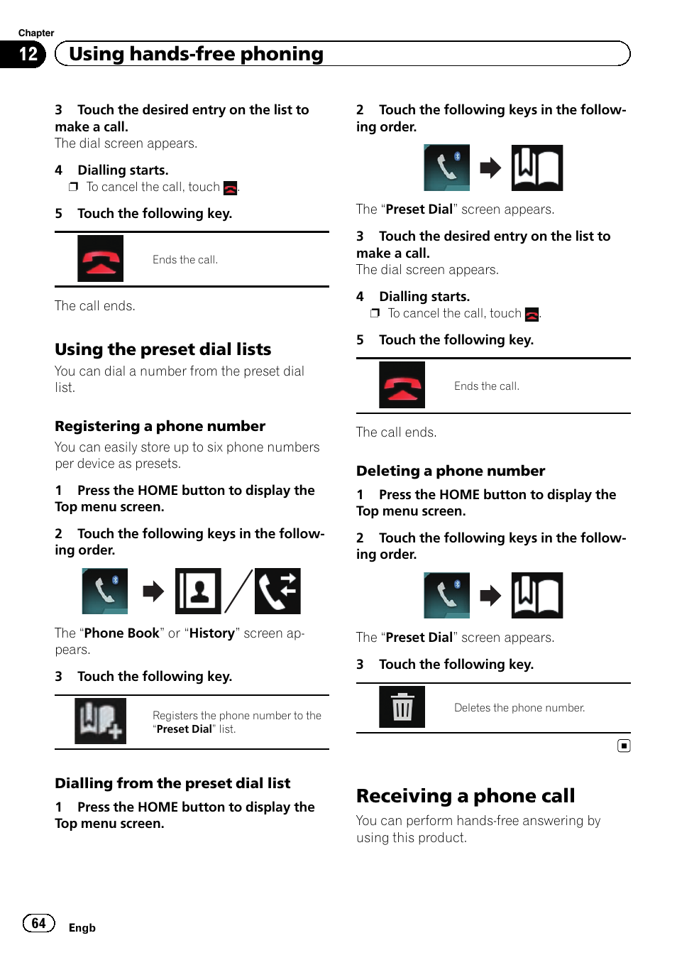 Using the preset dial lists 64, Receiving a phone call, 12 using hands-free phoning | Using the preset dial lists | Pioneer AVIC-F860BT User Manual | Page 64 / 216