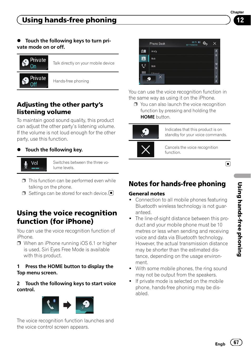 Adjusting the other party’s listening, Volume, Using the voice recognition function (for | Iphone), Notes for hands-free phoning, Using the voice re, Notes for hands-free, Using the voice recognition function (for iphone), Using hands-free phoning, Adjusting the other party ’s listening volume | Pioneer AVIC-F860BT User Manual | Page 67 / 216