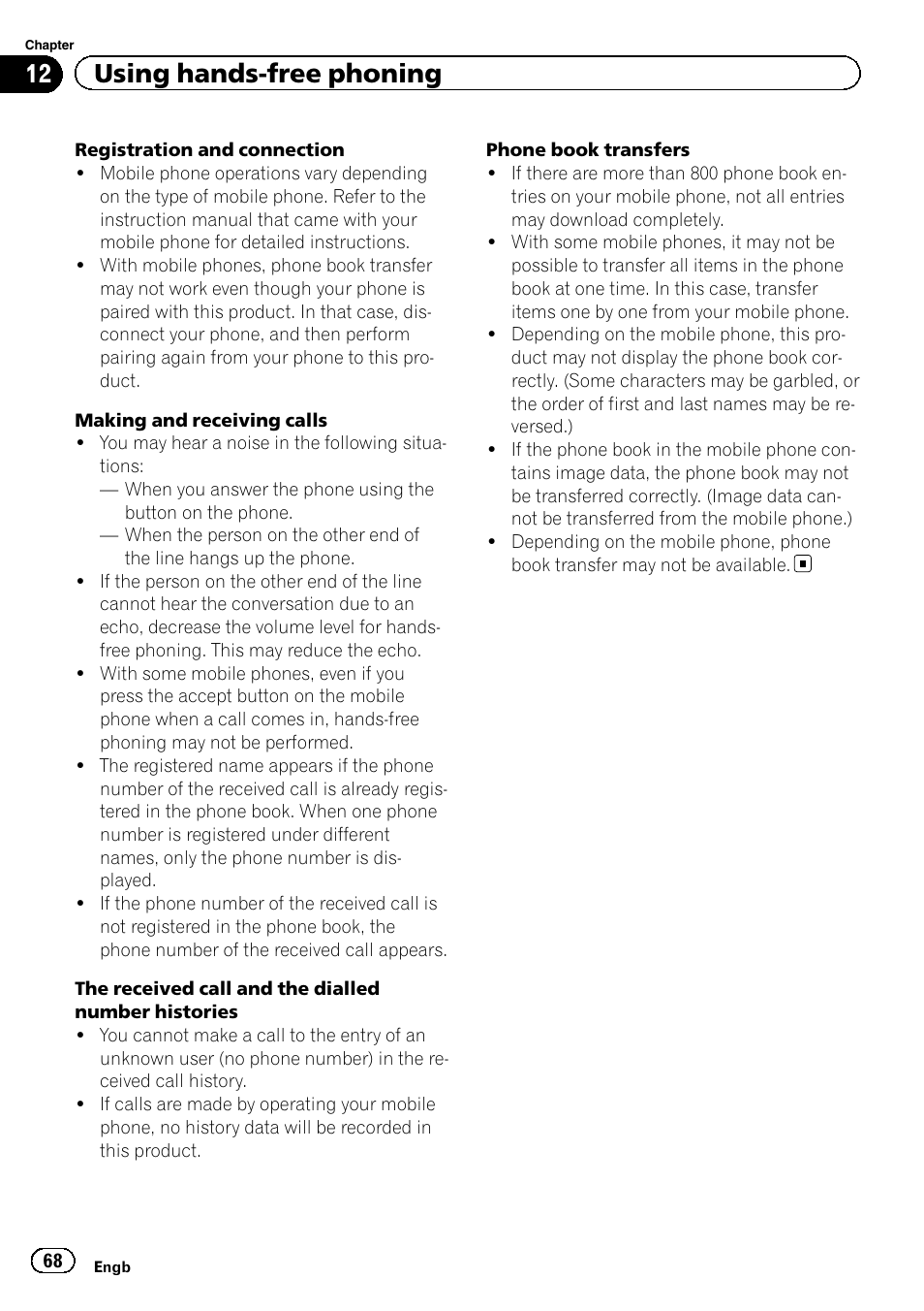 12 using hands-free phoning | Pioneer AVIC-F860BT User Manual | Page 68 / 216