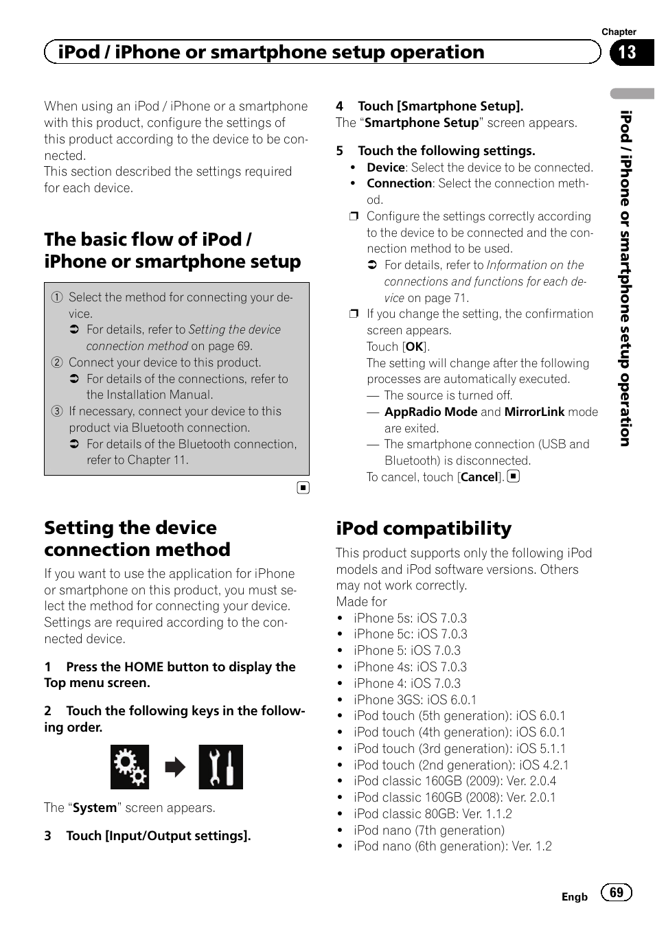 Smartphone setup, Setting the device connection method, Ipod compatibility | Ipod / iphone or smartphone setup operation | Pioneer AVIC-F860BT User Manual | Page 69 / 216