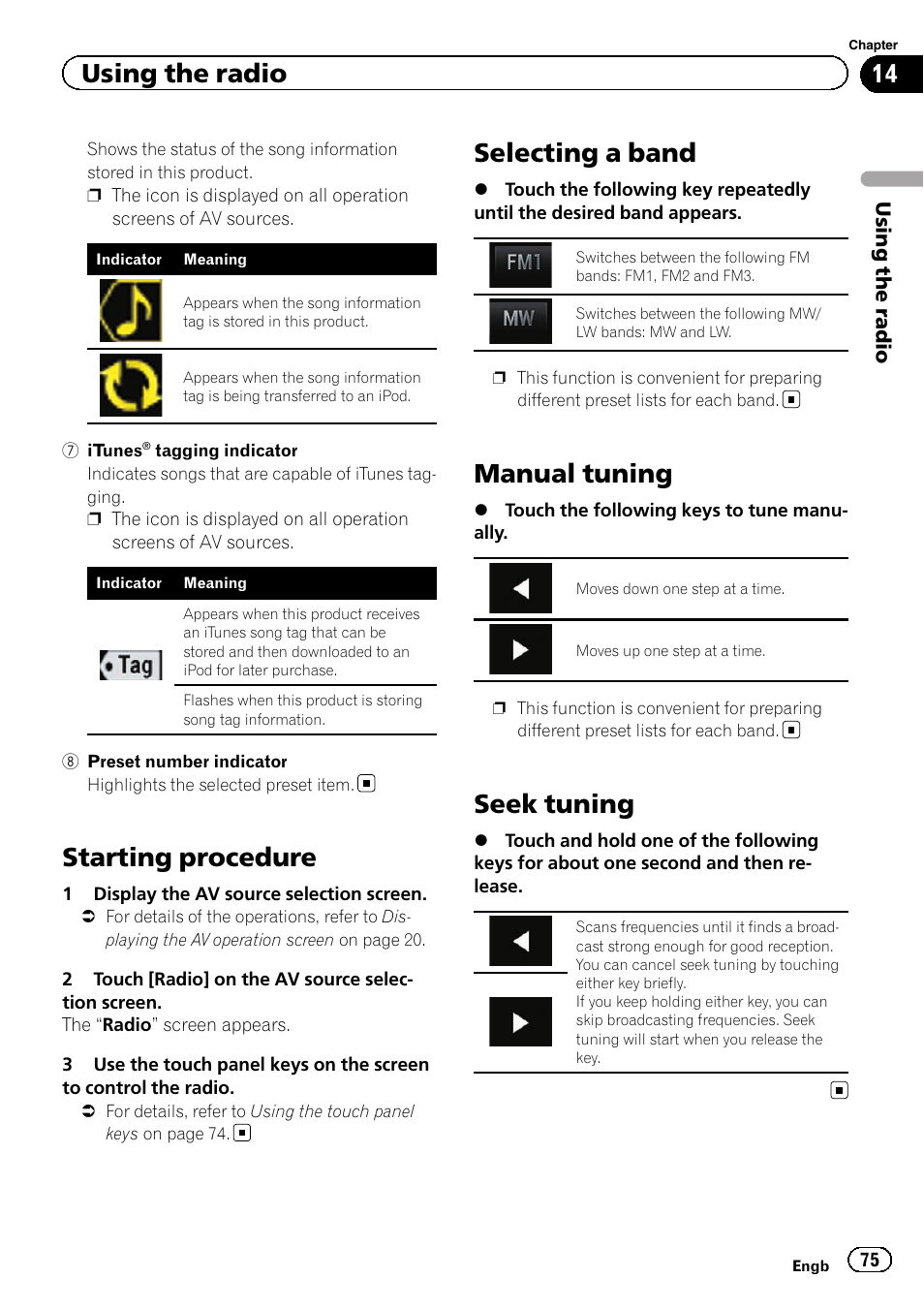 Starting procedure, Selecting a band, Manual tuning | Seek tuning, Selecting a band on, Manual tuning on, Using the radio | Pioneer AVIC-F860BT User Manual | Page 75 / 216