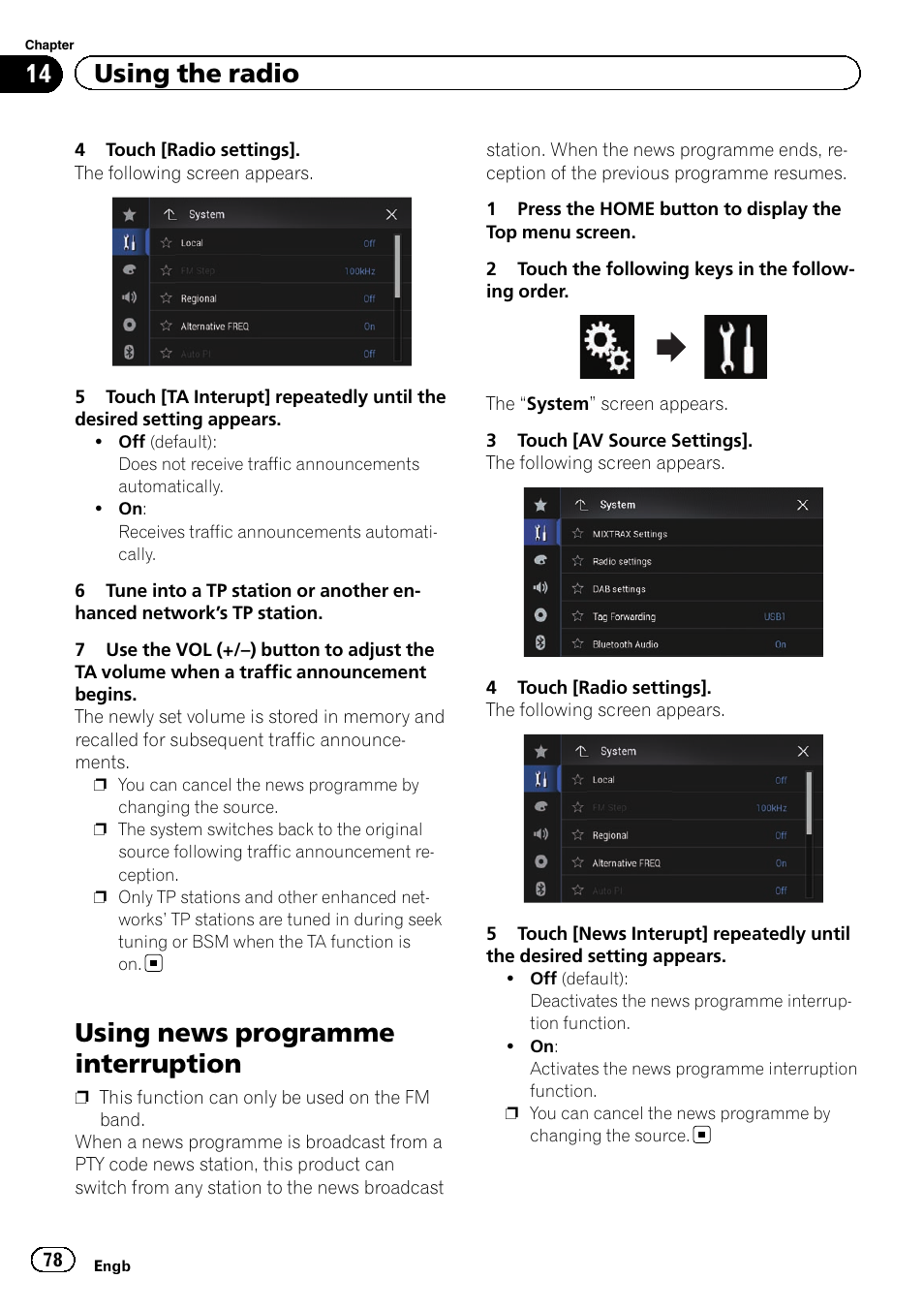 Using news programme interruption, 14 using the radio | Pioneer AVIC-F860BT User Manual | Page 78 / 216