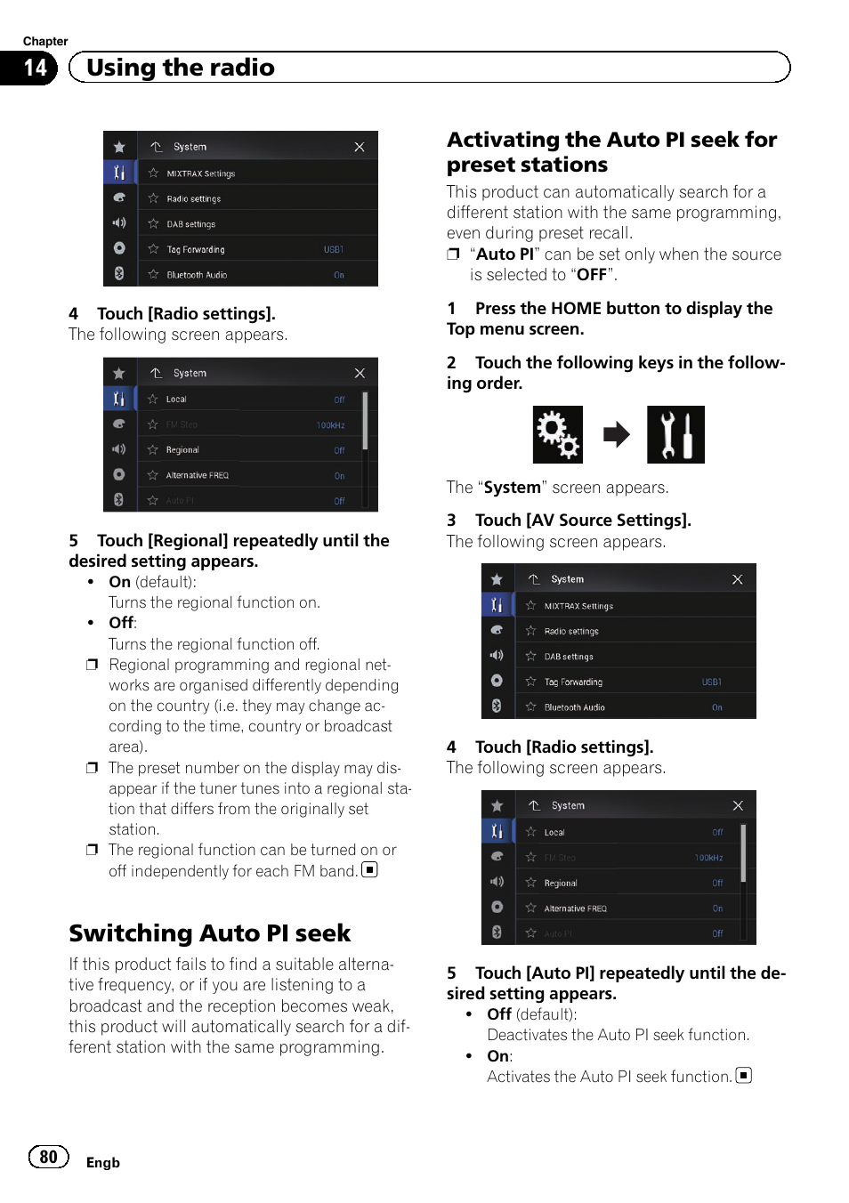 Switching auto pi seek, Activating the auto pi seek for preset, Stations | 14 using the radio, Activating the auto pi seek for preset stations | Pioneer AVIC-F860BT User Manual | Page 80 / 216