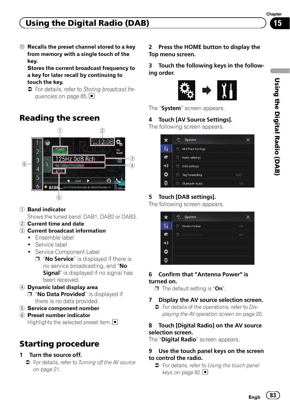 Reading the screen, Starting procedure, Using the digital radio (dab) | Pioneer AVIC-F860BT User Manual | Page 83 / 216
