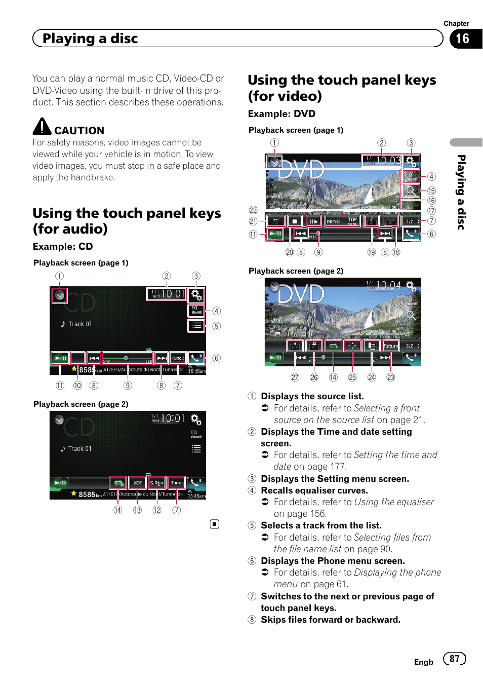 Using the touch panel keys (for video), Using the touch panel keys (for audio), Playing a disc | Pioneer AVIC-F860BT User Manual | Page 87 / 216