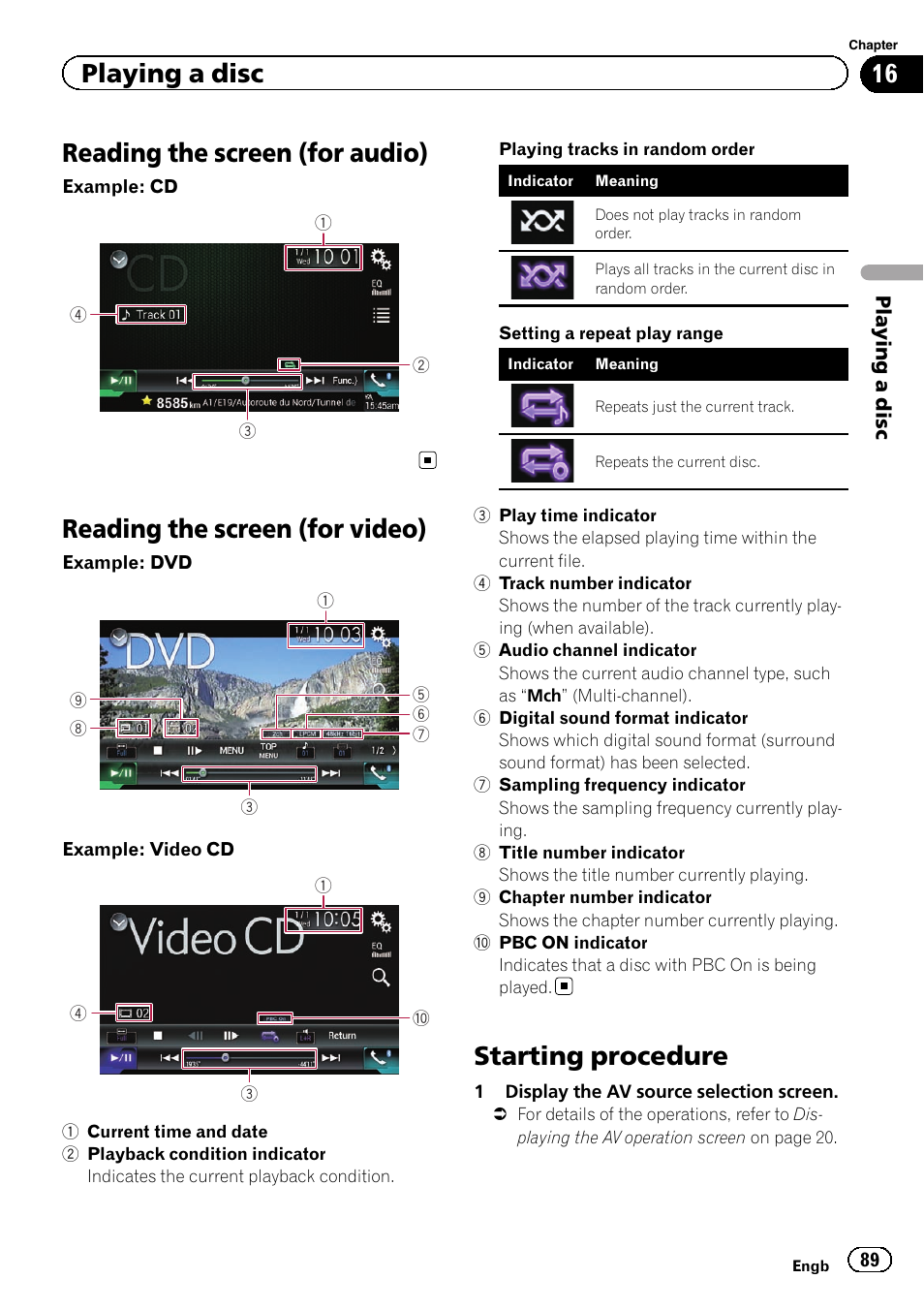 Reading the screen (for audio), Reading the screen (for video), Starting procedure | Playing a disc | Pioneer AVIC-F860BT User Manual | Page 89 / 216