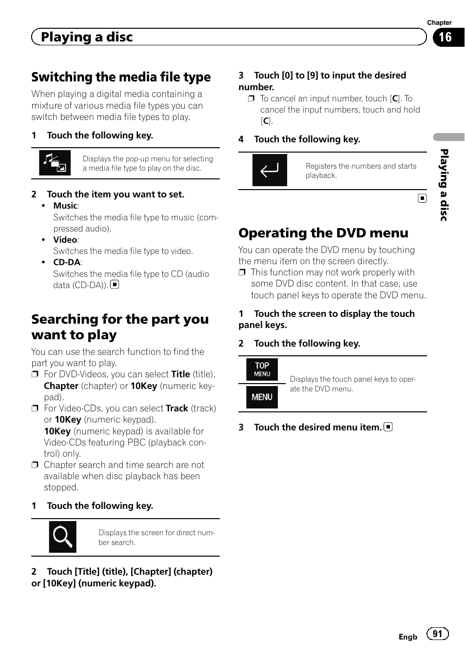 Switching the media file type, Searching for the part you want to play, Operating the dvd menu | Switching the media, Searching for the part, Operating the dvd, Playing a disc | Pioneer AVIC-F860BT User Manual | Page 91 / 216