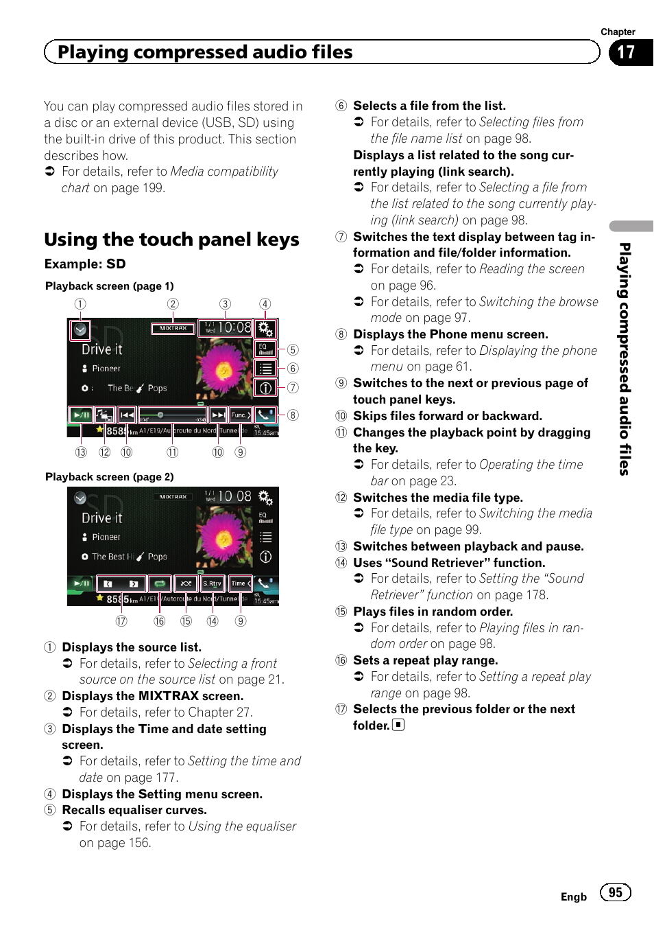 Using the touch panel keys, Playing compressed audio files | Pioneer AVIC-F860BT User Manual | Page 95 / 216