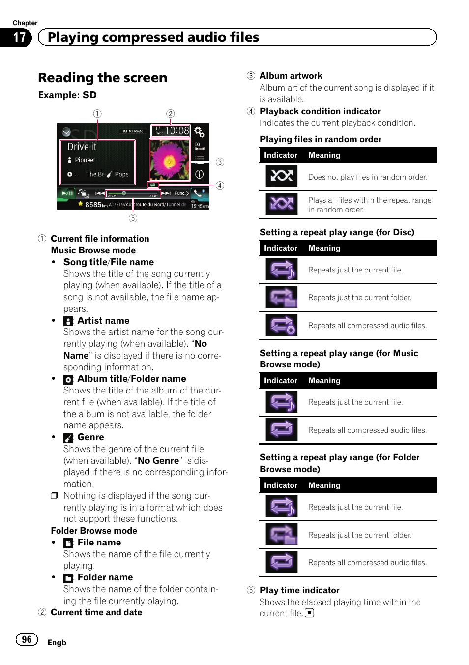 Reading the screen, 17 playing compressed audio files | Pioneer AVIC-F860BT User Manual | Page 96 / 216