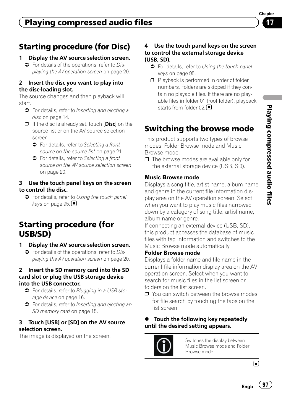 Starting procedure (for disc), Starting procedure (for usb/sd), Switching the browse mode | Switching the browse, Playing compressed audio files | Pioneer AVIC-F860BT User Manual | Page 97 / 216